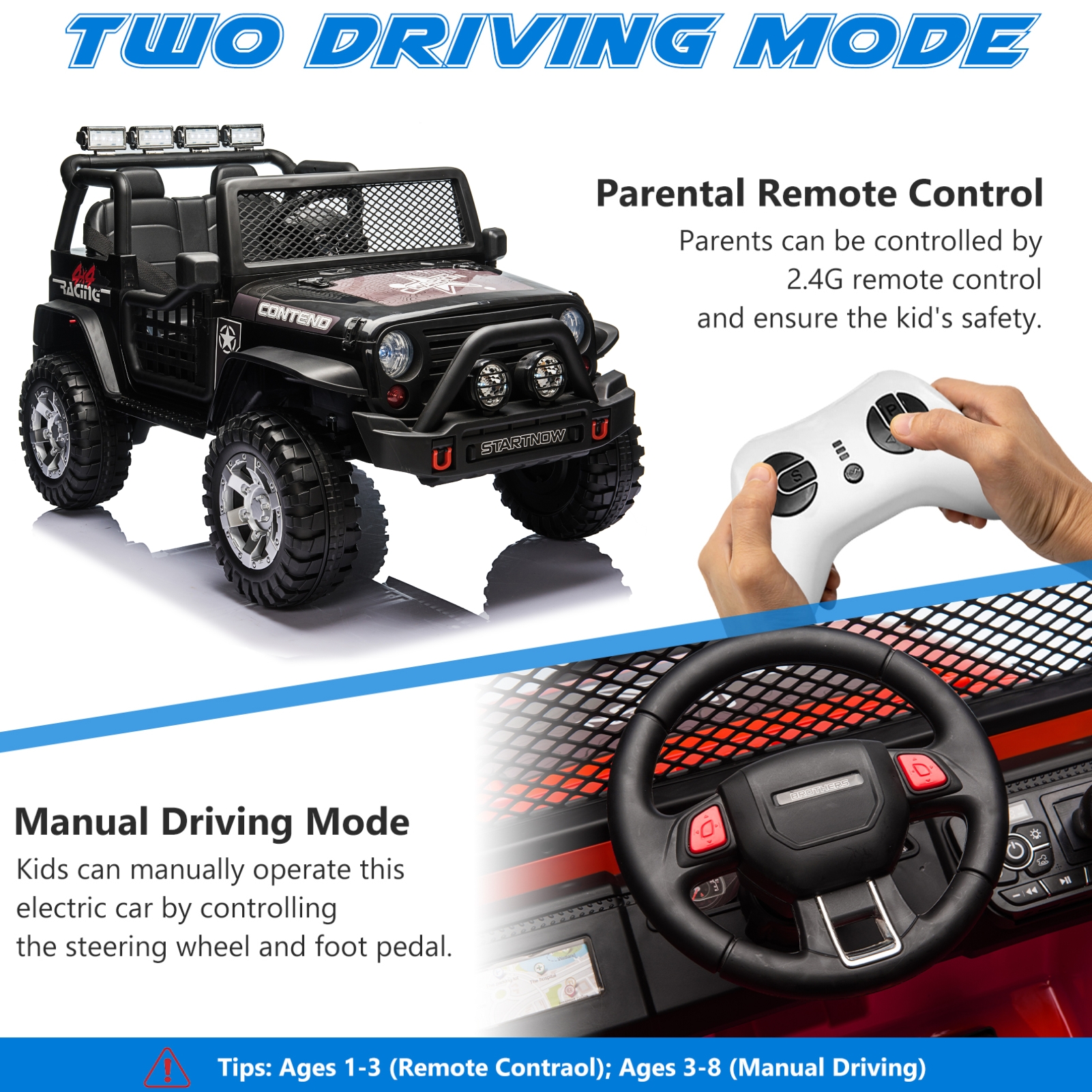 PWFE 12 Volt Kids Electric Car Kids Ride On Car with Remote Control, 2 Seats Kids Jeep with LED Lights, Wheels Suspension, Music, Horn, 110lbs Load(Black)