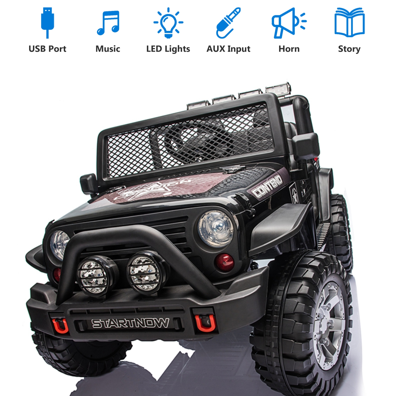 PWFE 12 Volt Kids Electric Car Kids Ride On Car with Remote Control, 2 Seats Kids Jeep with LED Lights, Wheels Suspension, Music, Horn, 110lbs Load(Black)