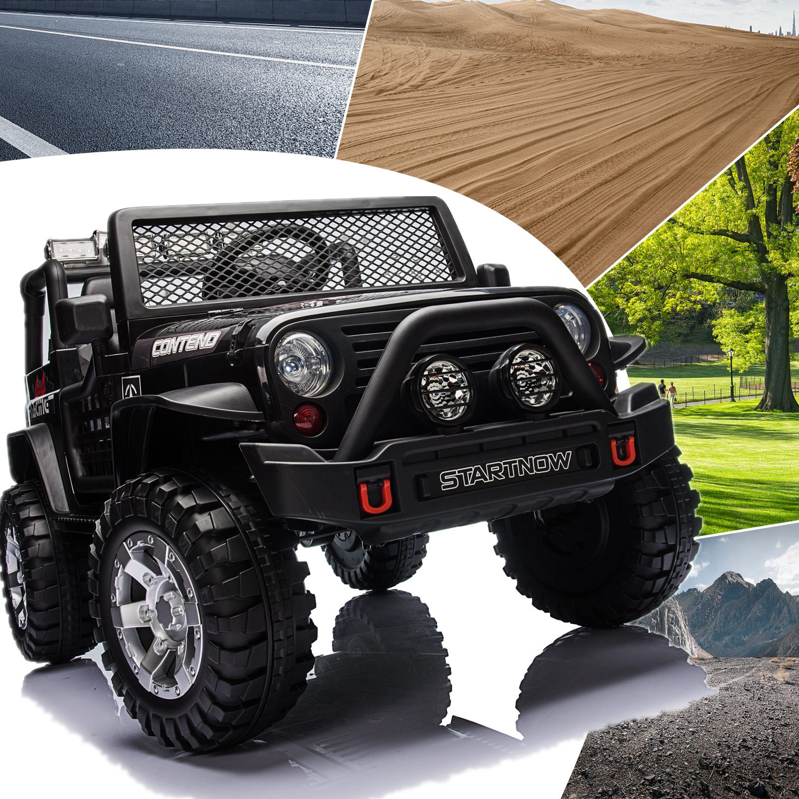 PWFE 12 Volt Kids Electric Car Kids Ride On Car with Remote Control, 2 Seats Kids Jeep with LED Lights, Wheels Suspension, Music, Horn, 110lbs Load(Black)