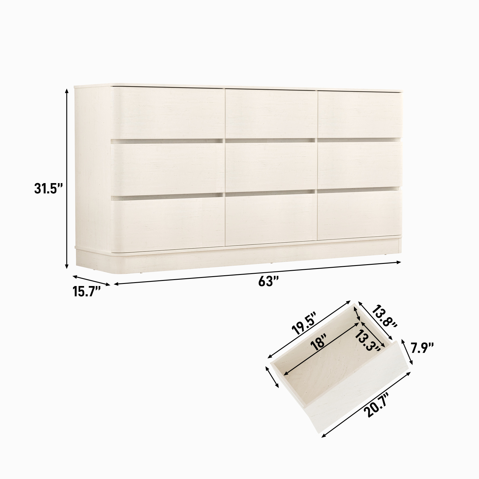 Modern 9 Drawers Dresser for Bedroom, 63'' Wide Handleless Chest of Drawers w/Power Outlet, Curved Profile Design, Wooden Dresser TV Stand with Organizer Storage for Living Room, Entryway