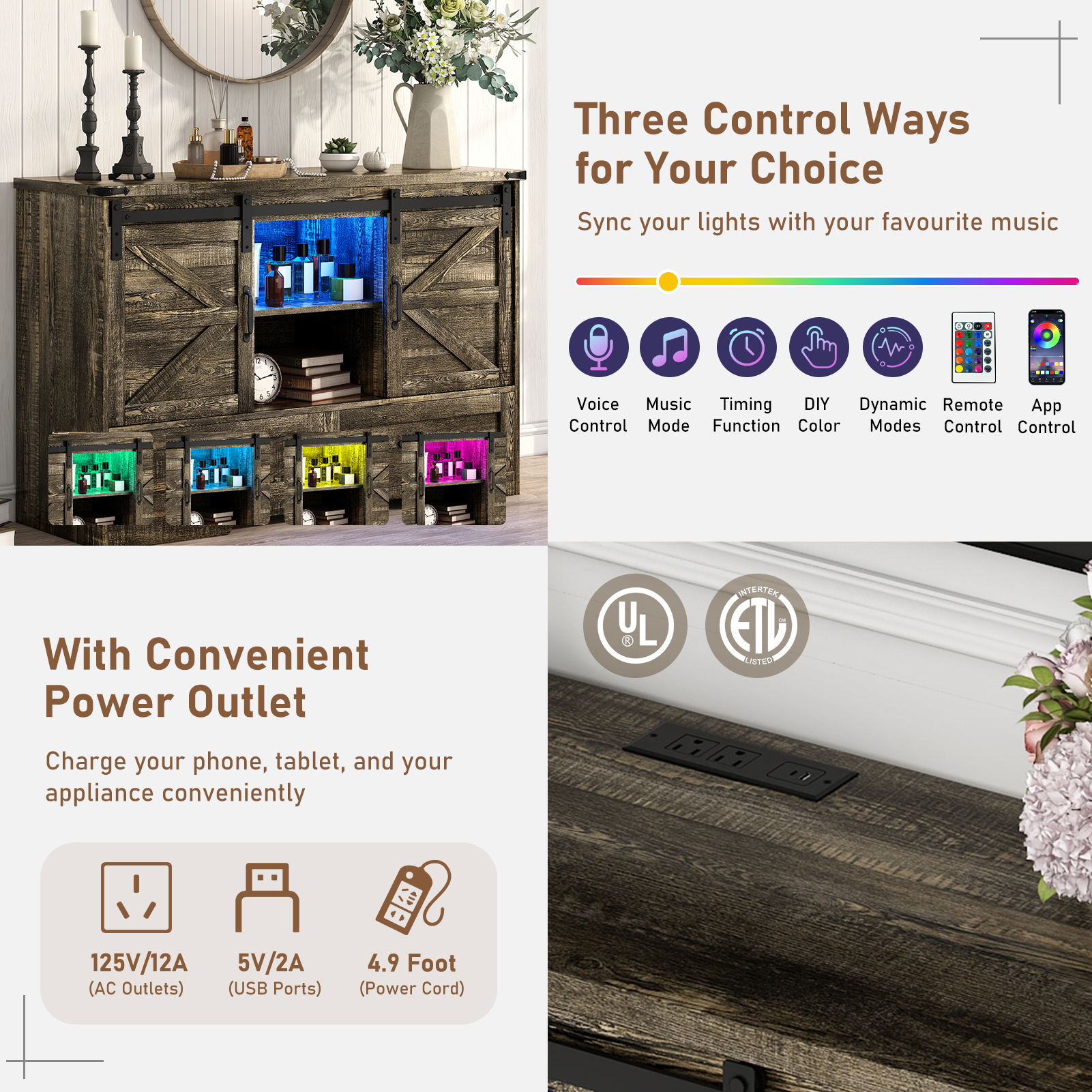 ChVans 47'' Farmhouse Dresser with LED Light & Power Outlet, 2 Drawers, 2 Sliding Doors, 2 Storage layers, Rustic Dresser TV Stand for 60in TV, Wood Storage Cabinet for Bedroom, Living Room, Hallway