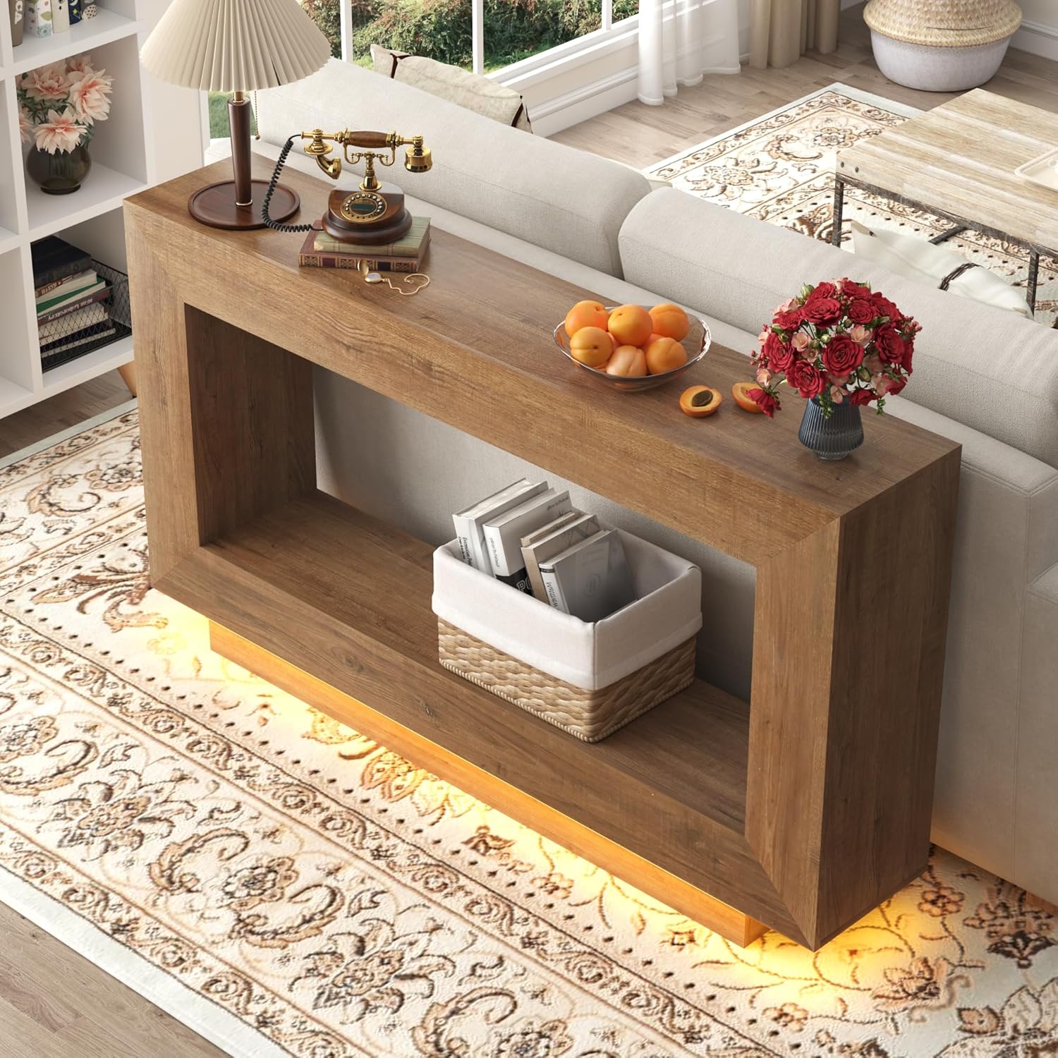 63" Long Farmhouse Console Table, Wood Entryway Accent Table with Storage & LED Lights, Floating Design for Living Room, Entrance, Hallway, Foyer