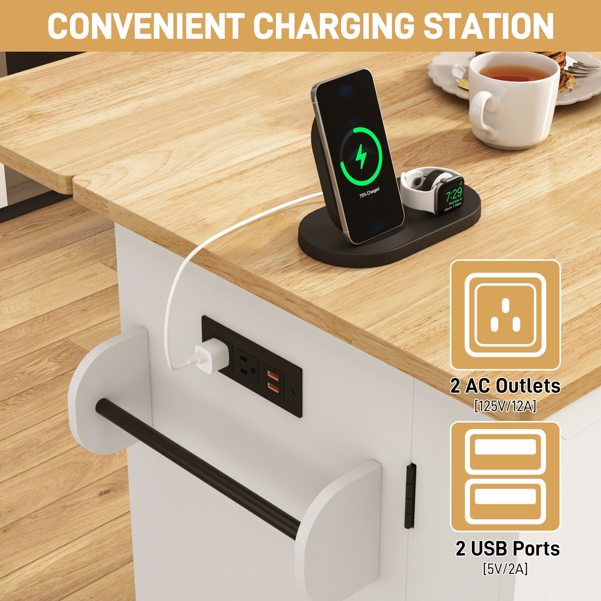 ANPOO 59'' Kitchen Island with Drop Leaf&Trash Can Storage, Mobile Rolling Cart with Large Capacity Storage Cabinet, 2 Drawer, Towel Rack, Spice Rack, Rubber wood Top, Lockable Casters, Power Outlet