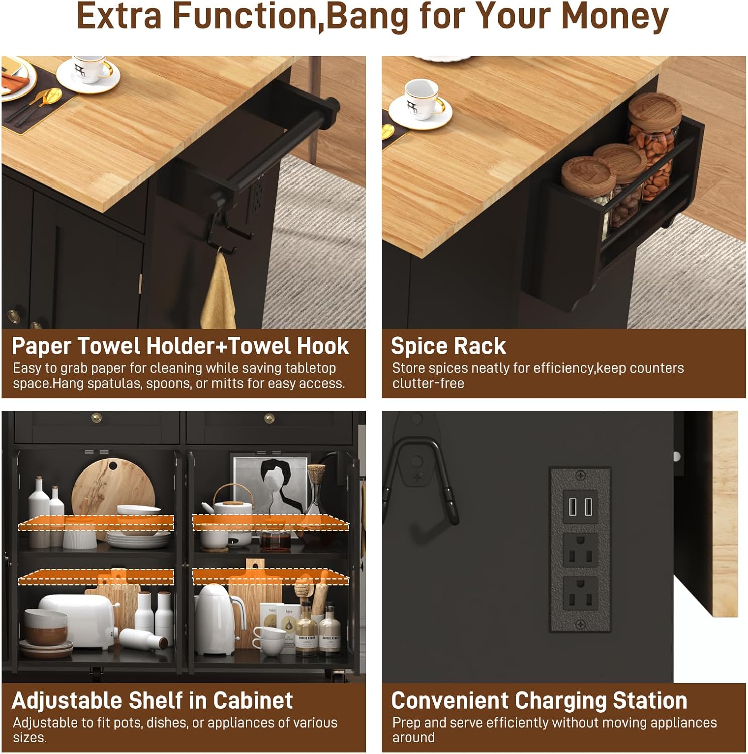 ANPOO 67" Rolling Kitchen Island with Drop Leaf, Tilt Out Kitchen Trash Cabinet 10 Gallon Storage, Kitchen Cart Island with Rubber wood Top, Spice Rack and Drawers