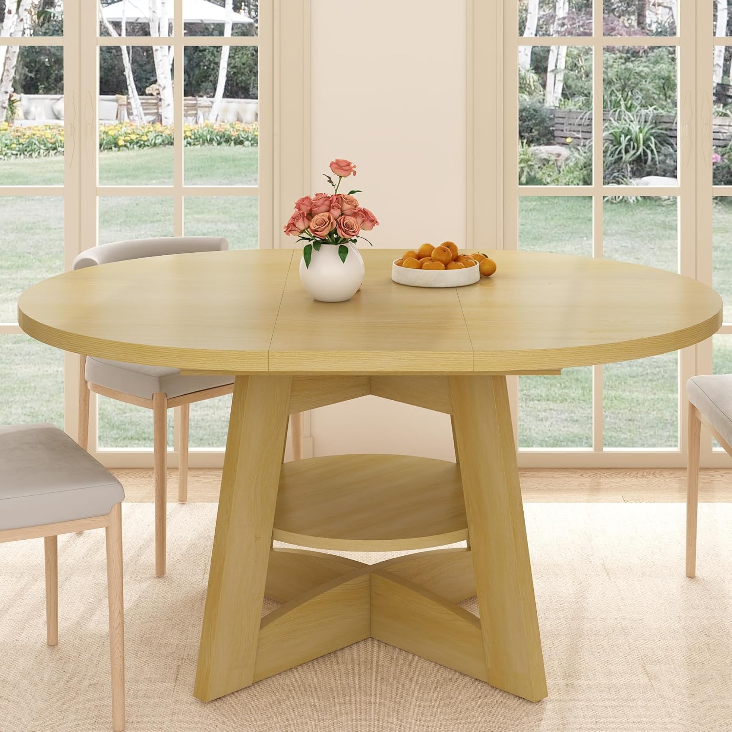 ChVans 47"-63" Extendable Round Dining Table for 4-8 Person, Modern Large Dinner Kitchen Table for Kitchen Dining Room, Save Space