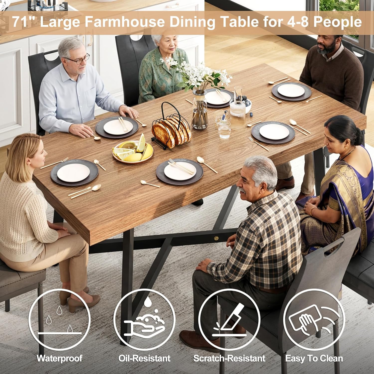 ChVans 71 Inch Farmhouse Dining Table for 4-8 People, Large Kitchen Table with Adjustable Heavy Duty Metal Leg, Rectangular Dining Table for Gathering, Kitchen, Dining Living Room