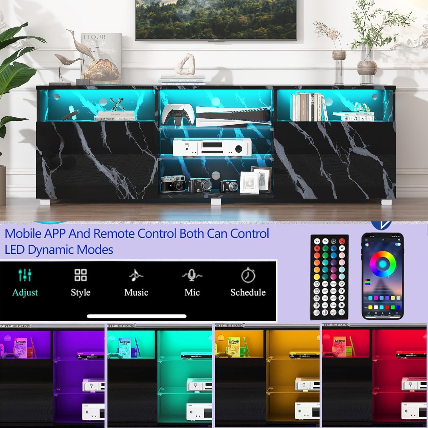 ANPOO LED TV Stand for 70/75/80 inch TV, High Glossy Entertainment Center with Drawer and Led Lights, Media Console for Living Game Room Bedroom