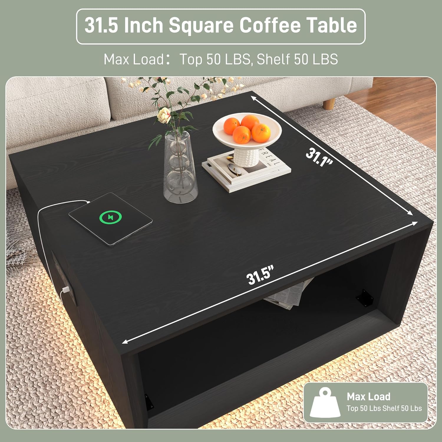 ANPOO 32" Mid Century Modern Square Coffee Table with LED Light & Power Outlet, 2-Tier Wood Cocktail Table with Storage for Living Room