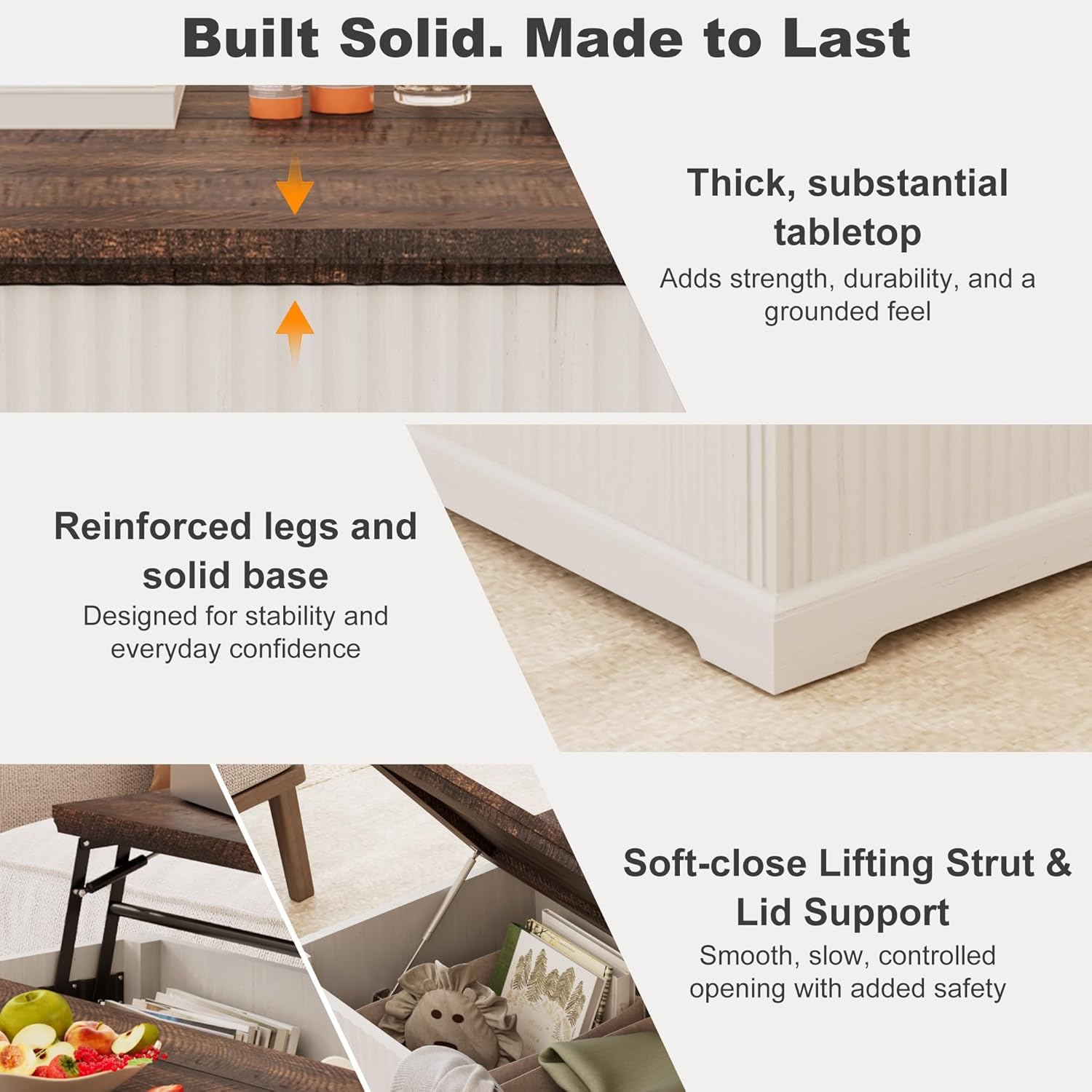 ANPOO Farmhouse Lift Top Coffee Table with Hidden Large Storage, 35.8 Inch Fluted Wood Square Center Table for Living Room, Bedroom, Home Office