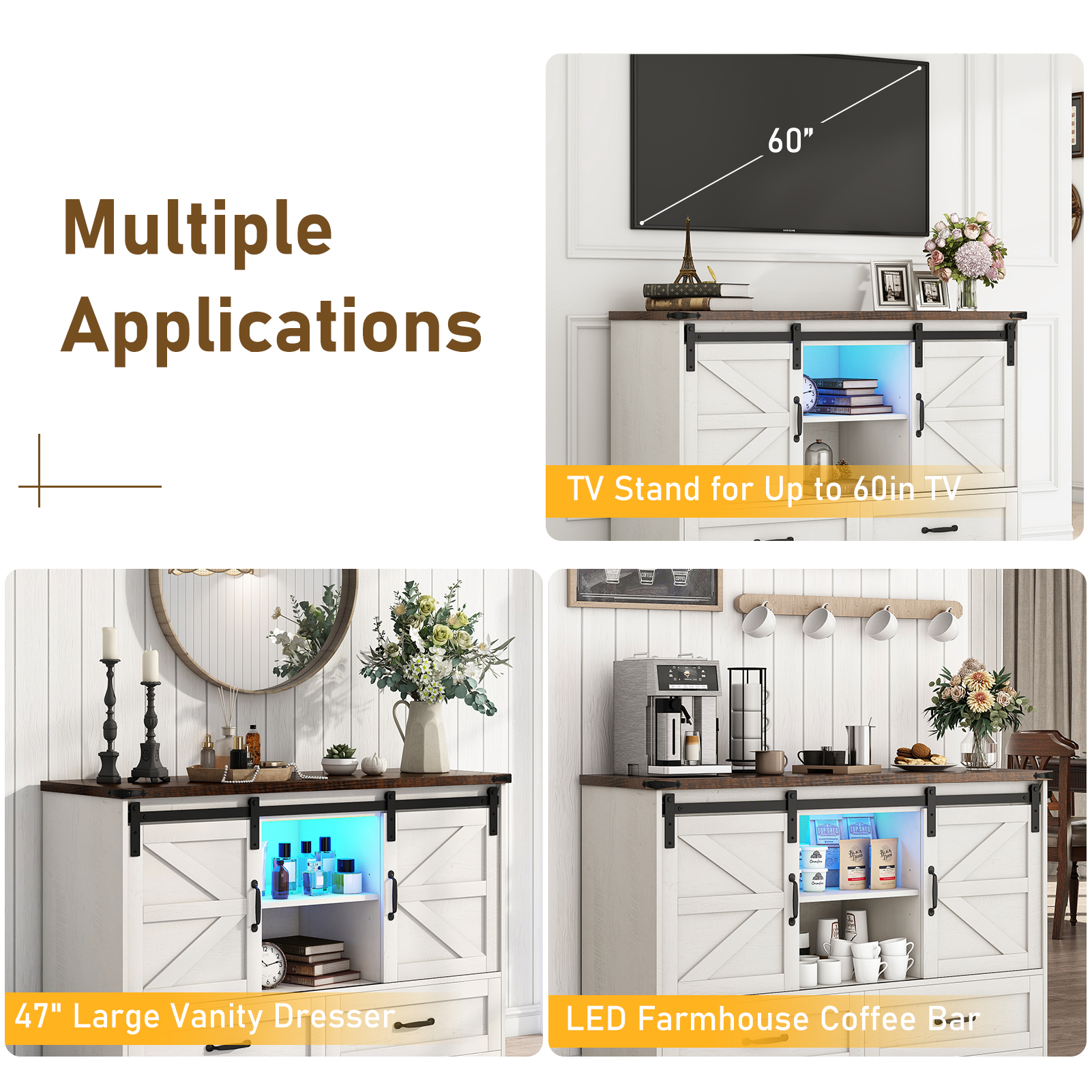 ChVans 47'' Farmhouse Dresser with LED Light & Power Outlet, 2 Drawers, 2 Sliding Doors, 2 Storage layers, Rustic Dresser TV Stand for 60in TV, Wood Storage Cabinet for Bedroom, Living Room, Hallway