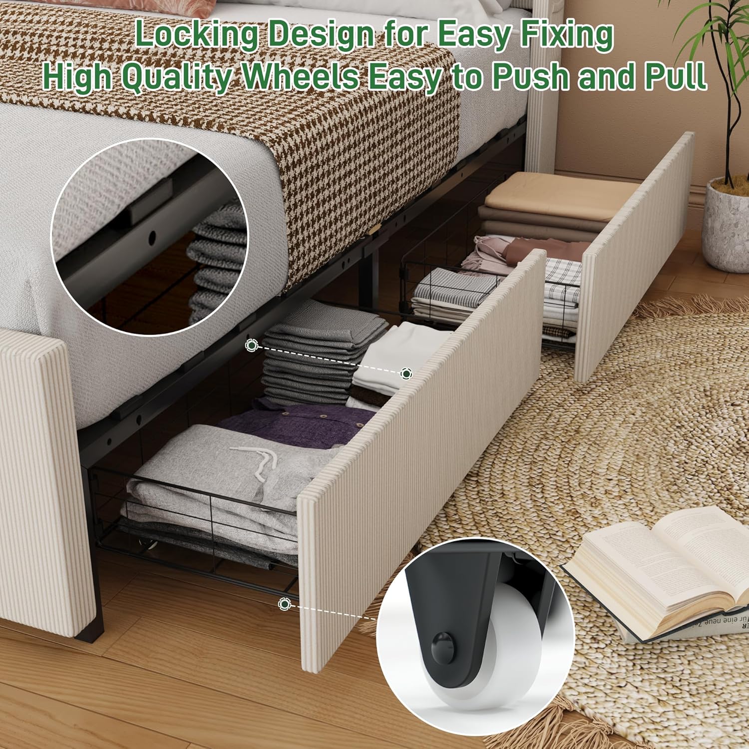 ANPOO Queen Size LED Upholstered Bed Frame with Drawer, Wingback Platform Bed Frame with 52" Headboard & Footboard, Corduroy Bed Frame No Box Spring Needed/Noise Free