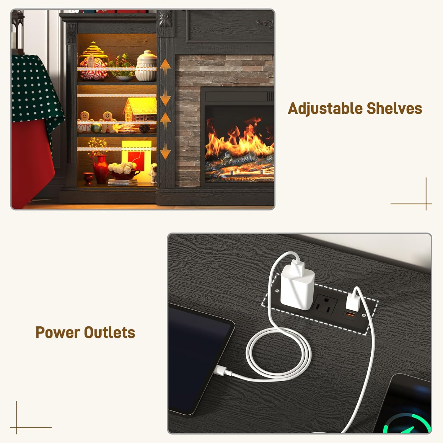 ANPOO 85" Electric Fireplace with Mantel, Fireplace TV Stand with 36" Fireplace for TVs Up to 95 Inch, 37.6" Tall Farmhouse Entertainment Center with LED Lights & Charging Station, Carved Decoration