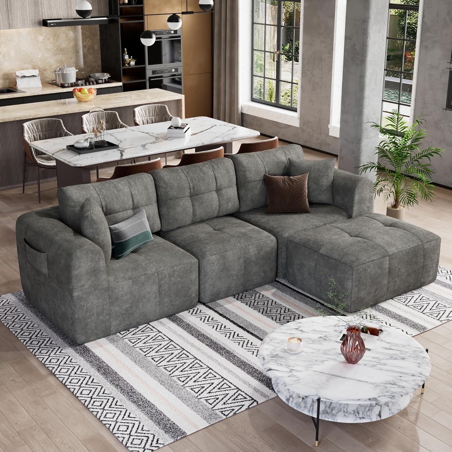 ChVans 110" L-Shaped Sectional Sofa with Convertible Left/Right Ottoman, Boneless Sofa with Oversized Chaise & Layered Cushion, Upholstered Couches for Living Room Bedroom, No Assembly