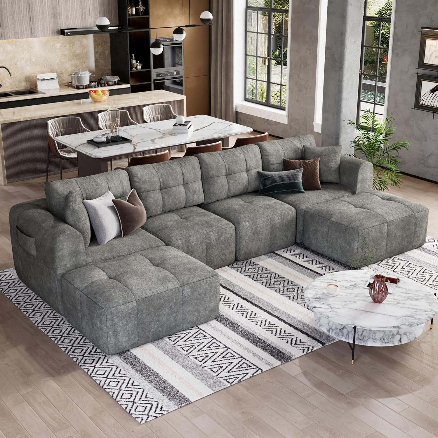 ChVans 110" L-Shaped Sectional Sofa with Convertible Left/Right Ottoman, Boneless Sofa with Oversized Chaise & Layered Cushion, Upholstered Couches for Living Room Bedroom, No Assembly