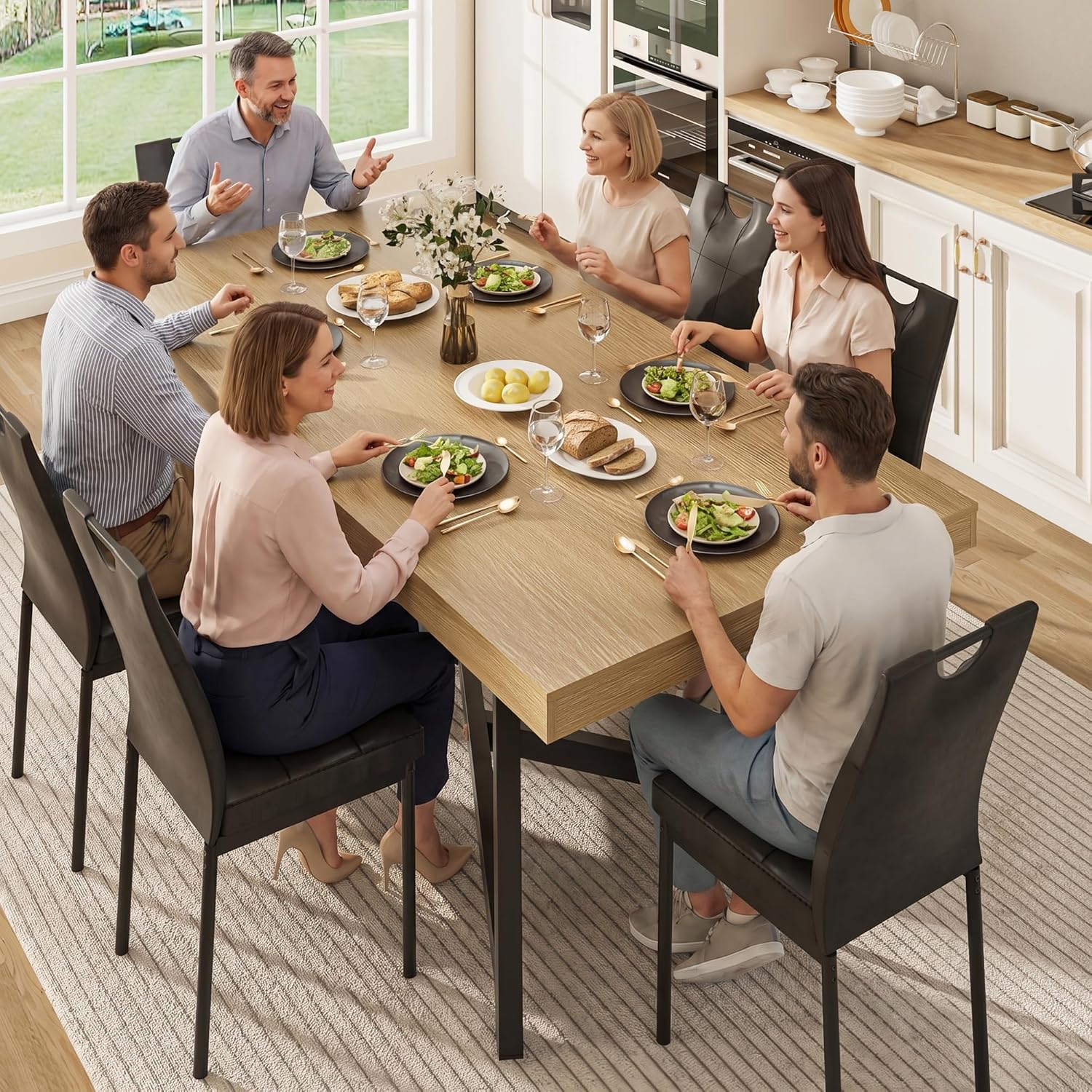 ANPOO 7 Pieces Dining Table & Chairs Set for 4-8 People, 71 Inch Kitchen Table with 6 Chairs, Rectangle Dining Table with Metal Legs for Dining Room, Living Room