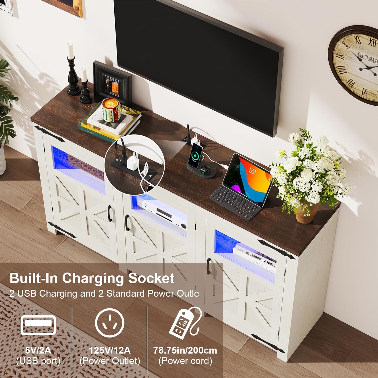 ChVans LED Farmhouse TV stand for up to 85" TVs with Power Outlet, 74" Large Entertainment Center Console Table, 33.5" Tall Rustic Media Console w/Storage Shelves for Living Room