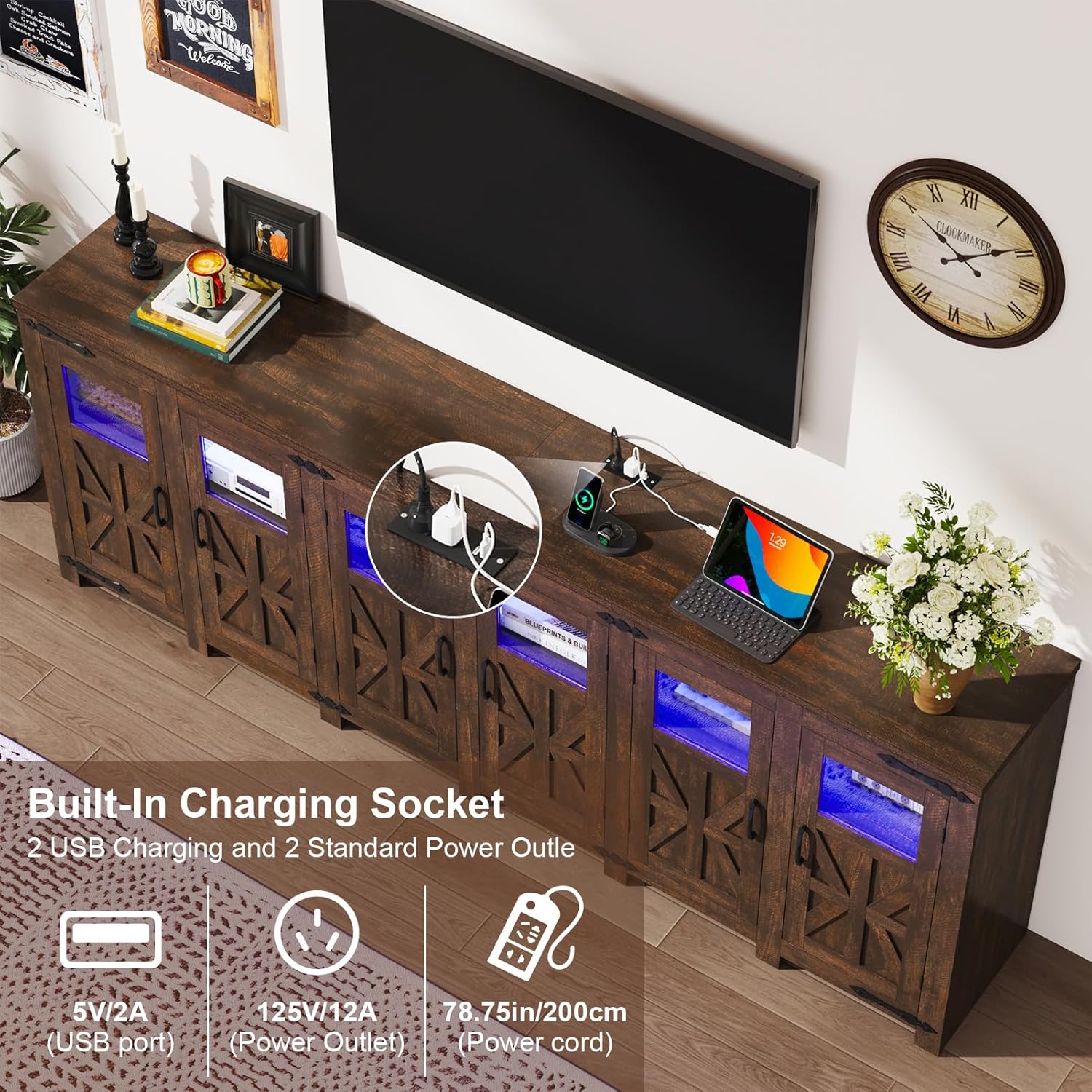 ChVans LED Farmhouse TV stand for up to 85" TVs with Power Outlet, 74" Large Entertainment Center Console Table, 33.5" Tall Rustic Media Console w/Storage Shelves for Living Room