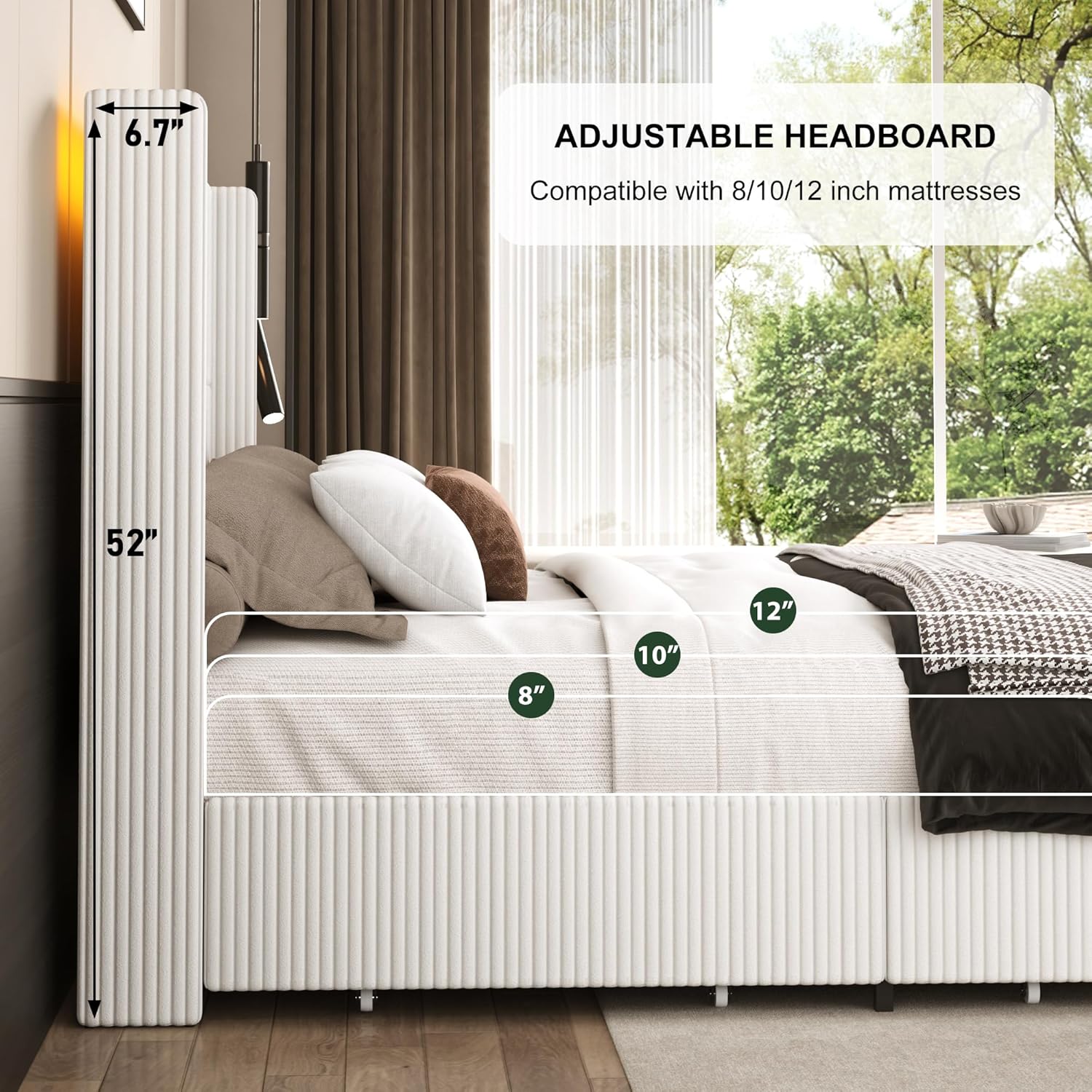 ChVans King Size LED Upholstered Bed Frame with Drawer, Wingback Platform Bed with 52" Headboard, Noise-Free Corduroy Bed No Box Spring Required