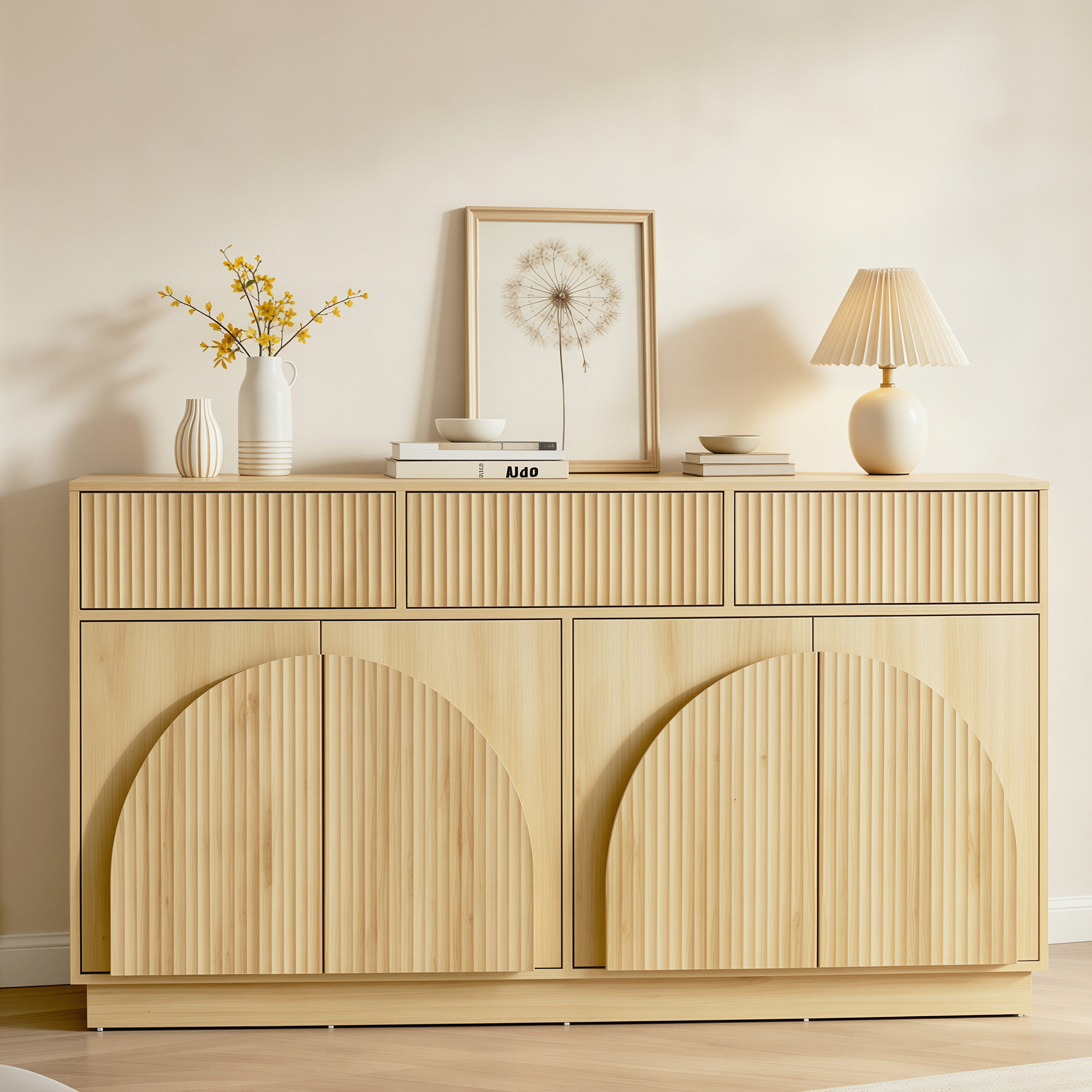 Aphthongs Modern Fluted Sideboard Cabinet, 65" W Symmetrical Arc Accent Sideboard Buffet Cabinet with Storage & 3 Drawers, Fluted Buffet Cabinet, Credenza, Wood Mid Century Cabinet