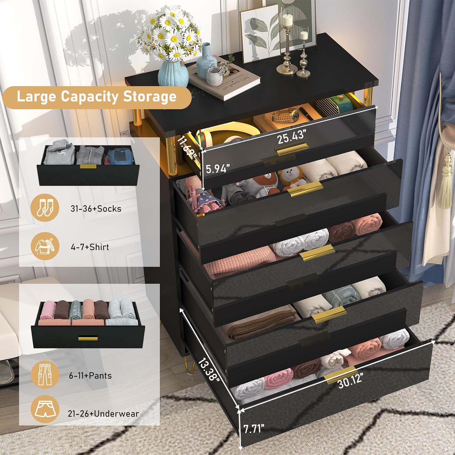 ChVans Black Dresser with LED Lights for Bedroom, Black Tall Closet Storage 5 Drawer Dresser, Chest of Drawers for Bedroom, Living Room, Hallway