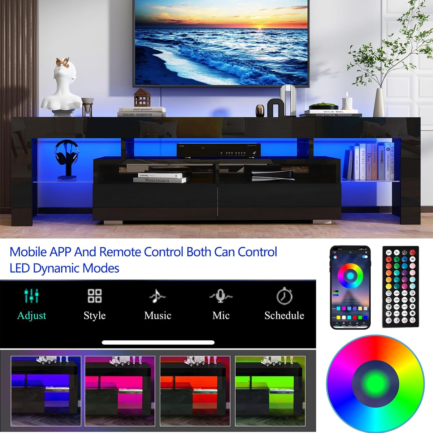 ChVans LED TV Stand for 65/75/85 inch TV, High Glossy Modern Entertainment Center with Drawer and LED Lights