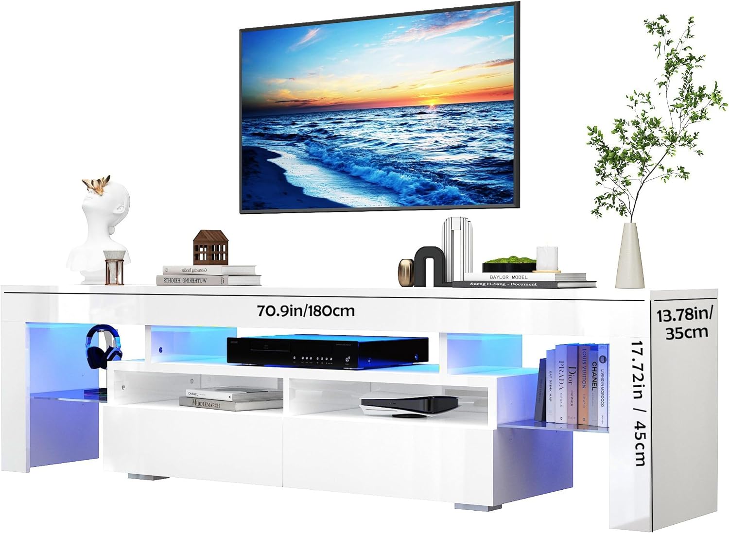 ChVans LED TV Stand for 65/75/85 inch TV, High Glossy Modern Entertainment Center with Drawer and LED Lights