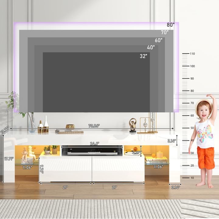 ChVans LED TV Stand for 65/75/85 inch TV, High Glossy Modern Entertainment Center with Drawer and LED Lights