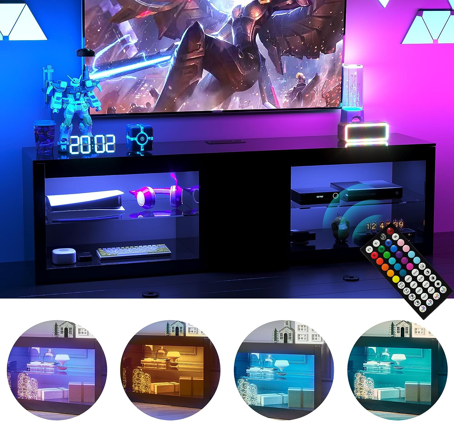 ChVans Modern LED TV Stand for TVs up to 70" with Adjustable LED Lights/Outlet, High Gloss Entertainment Center with Open Shelves Storage, Media Console TV Stands for Living Room, Game room, Bedroom