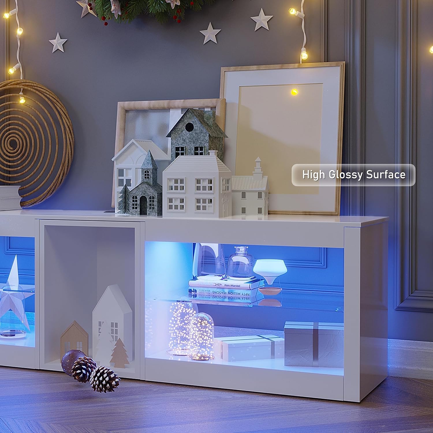 ChVans Modern LED TV Stand for TVs up to 70" with Adjustable LED Lights/Outlet, High Gloss Entertainment Center with Open Shelves Storage, Media Console TV Stands for Living Room, Game room, Bedroom