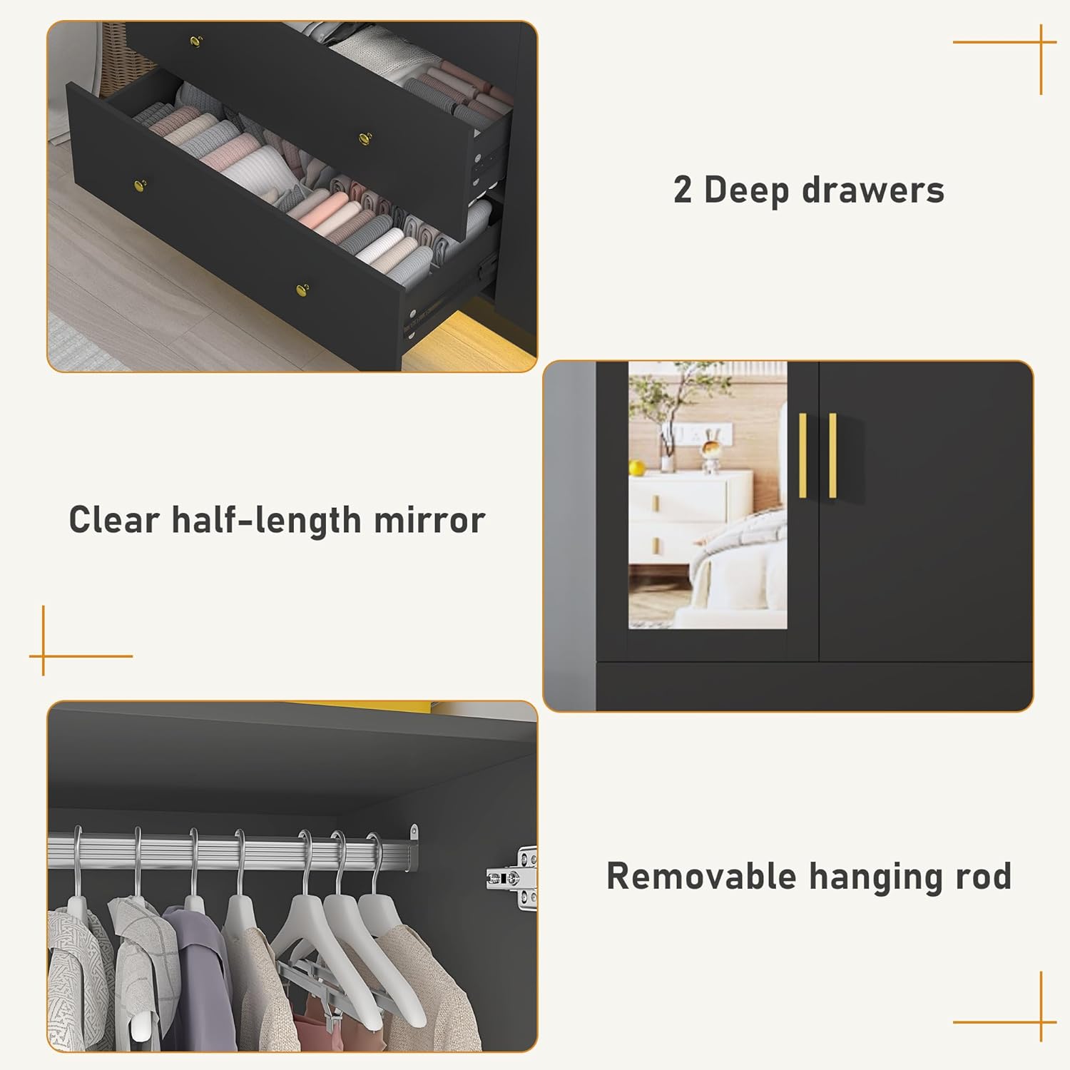 3 Doors Armoire Wardrobe Closet with Mirror and LED Lights, Armoire with Doors and Drawers, Modern Wooden Armoire Wardrobe Closet with Hanging Rod for Bedroom