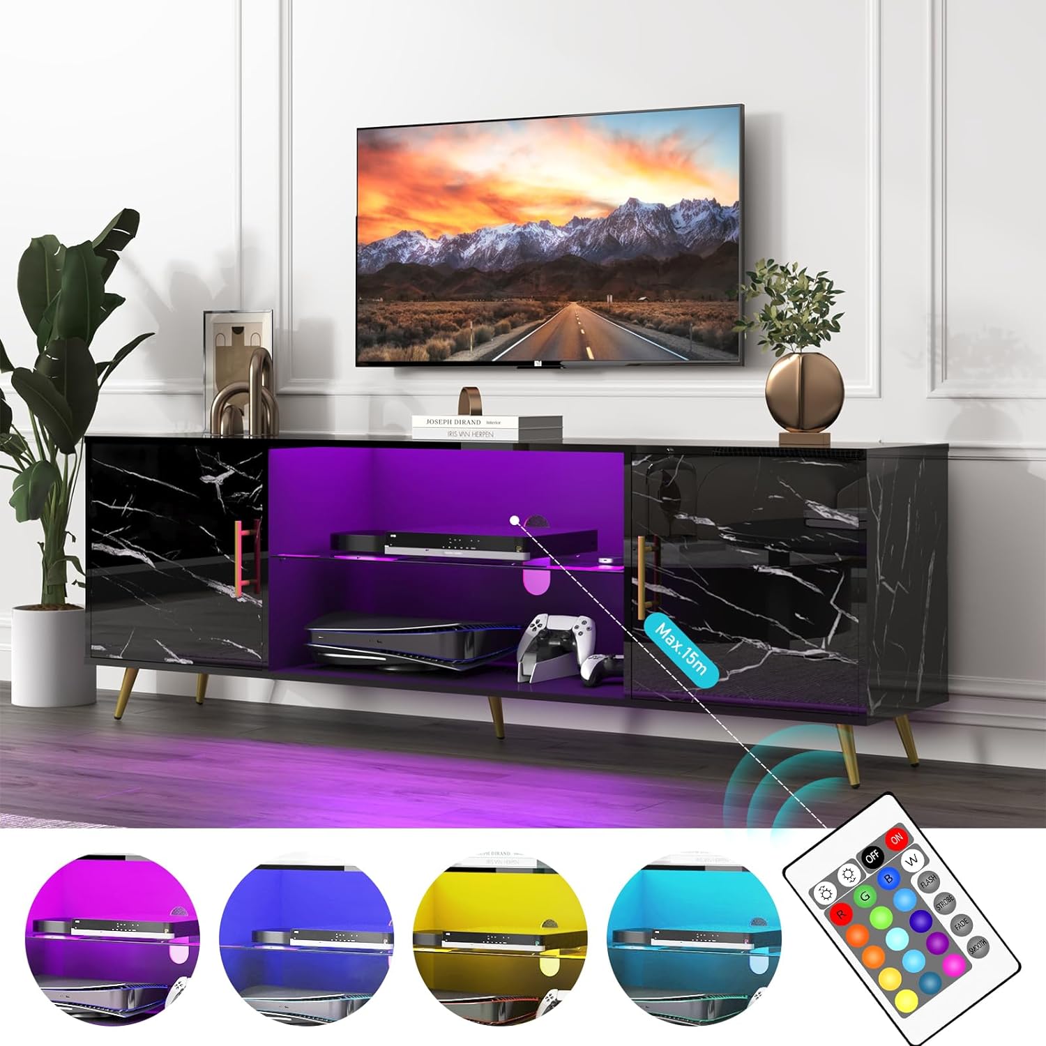 ChVans TV Stand for 80 inch TV with LED Lights, High Gloss Entertainment Center Media Console with Large Storage, LED TV Stand for Living Room, Bedroom(Marble Black)