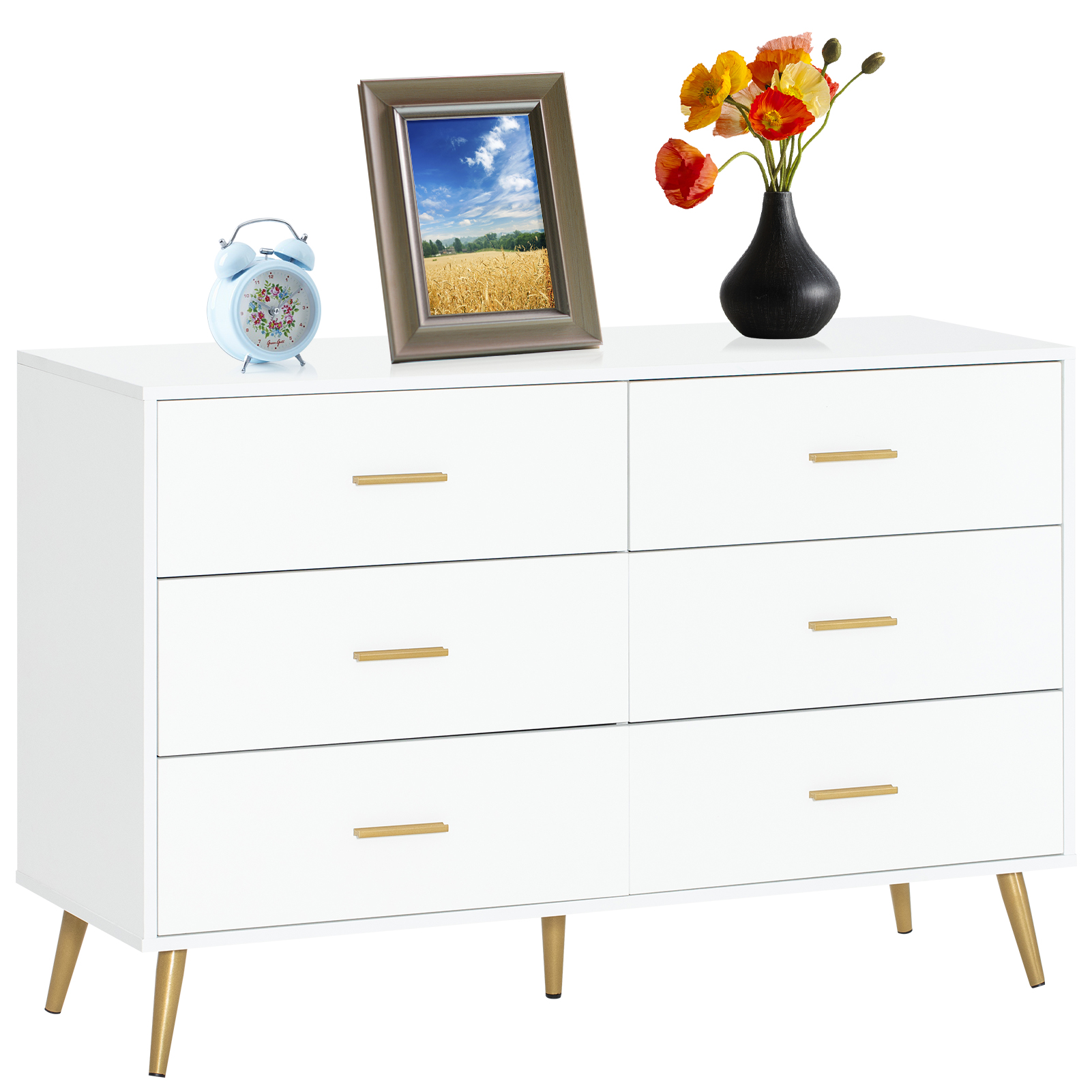 6 Drawer Dresser for Bedroom, Modern Wood Dresser with Wide Drawers and Metal Handles, Storage Chest of Drawers for Living Room Hallway Entryway