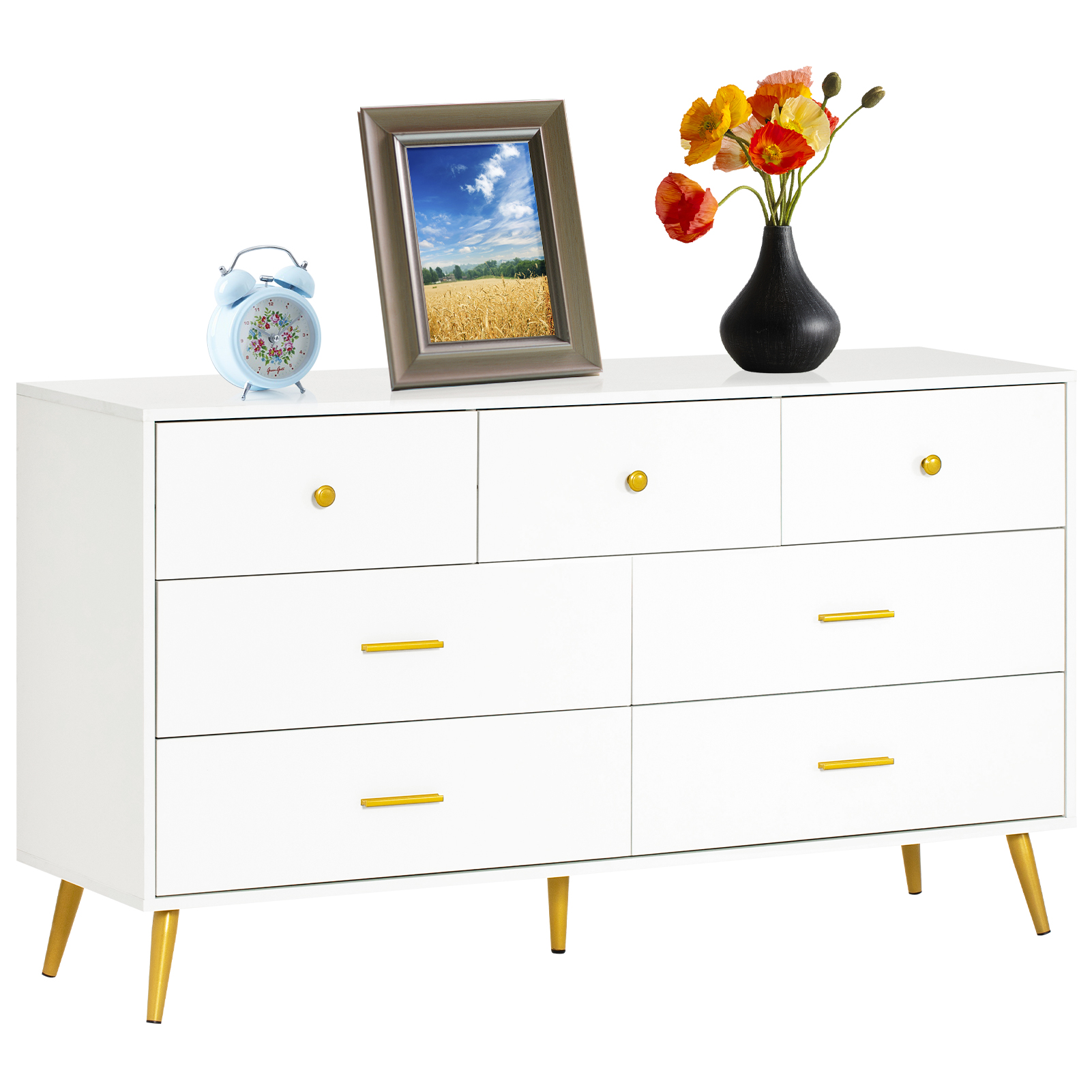 6 Drawer Dresser for Bedroom, Modern Wood Dresser with Wide Drawers and Metal Handles, Storage Chest of Drawers for Living Room Hallway Entryway