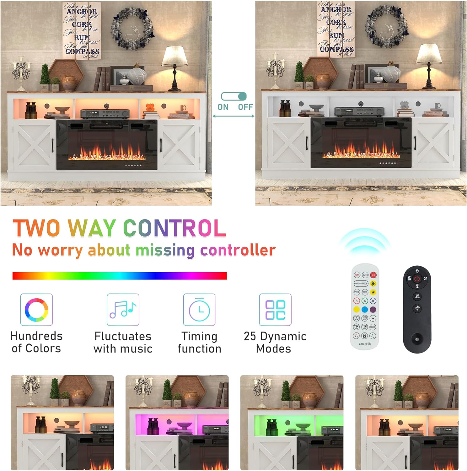 Fireplace TV Stand for 70/75/80 Inch TV with 36" Electric Fireplace, 70" Farmhouse Entertainment Center with LED Lights, Tall Media Console with Barn Door for Living Room, Bedroom