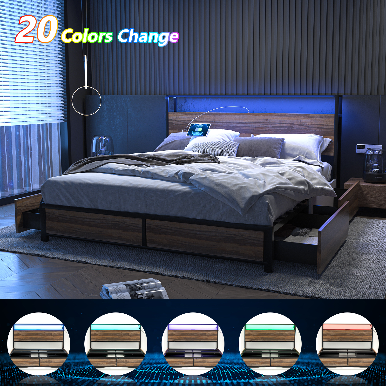 LED Bed Frame Full Size with 2 USB Ports and Outlets, Platform Metal Bed Frame with 4 Storage Drawers and Headboard, No Box Spring Needed, Noise-Free(Vintage Brown-FULL)