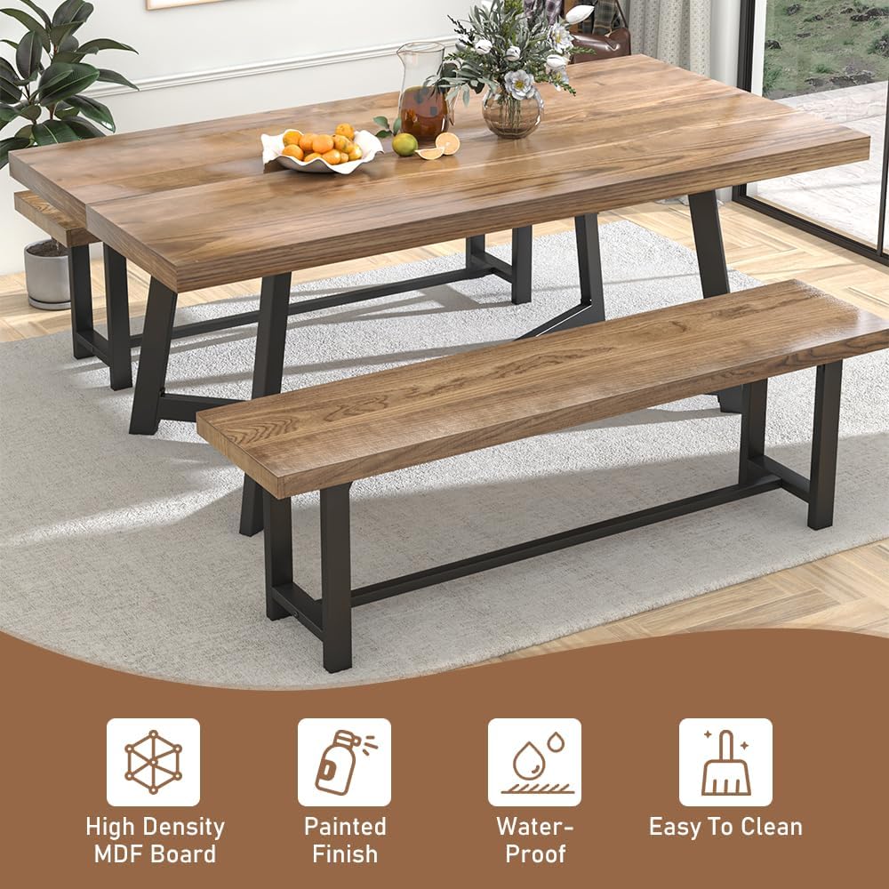 ChVans 60in Farmhouse Solid Wood Dining Bench for 2 3 4 Person, Kitchen Table Bench with Strong Metal Legs(Brown-60IN Solid Wood Bench)