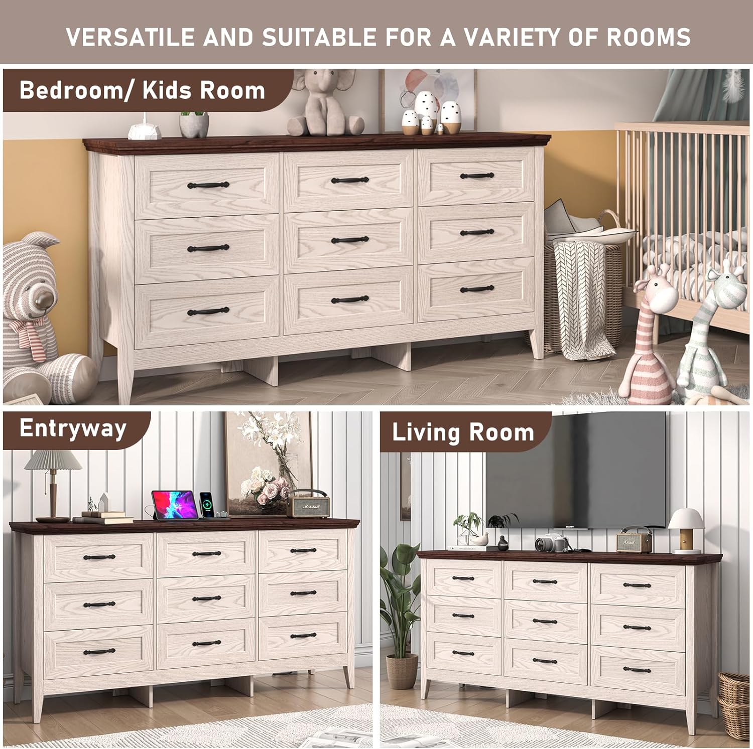 ANPOO 9 drawer dresser for Bedroom, Farmhouse Long Dresser with Charging Station and Antique Handles, Wood Chest of Drawers for Living Room, Entryway, Hallway, Hallway(Black)