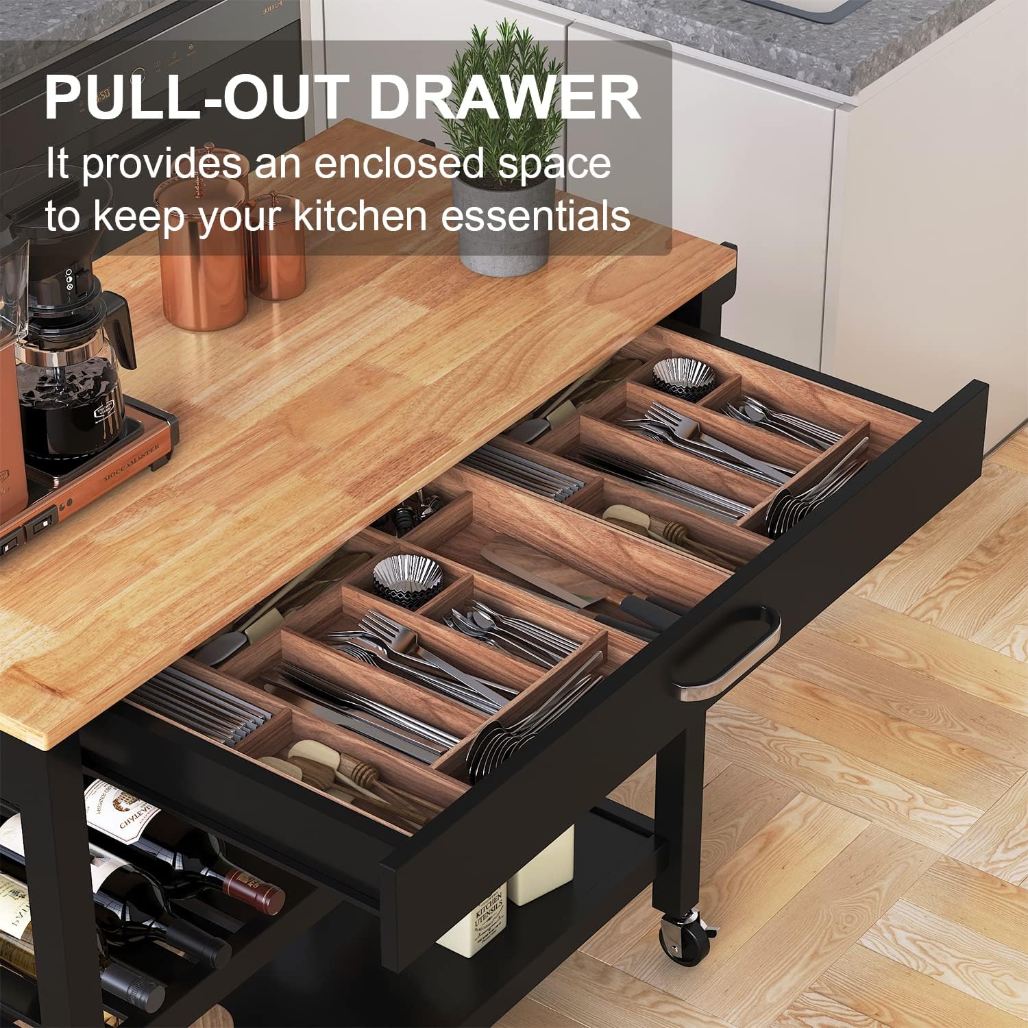 ANPOO 3 Tier Kitchen Island Carts on Wheels with Storage, Mobile Rolling Cart with Large Capacity Storage Drawers, Towel Rack, Rubber wood Top, for Kitchen and Dining Room(Black)
