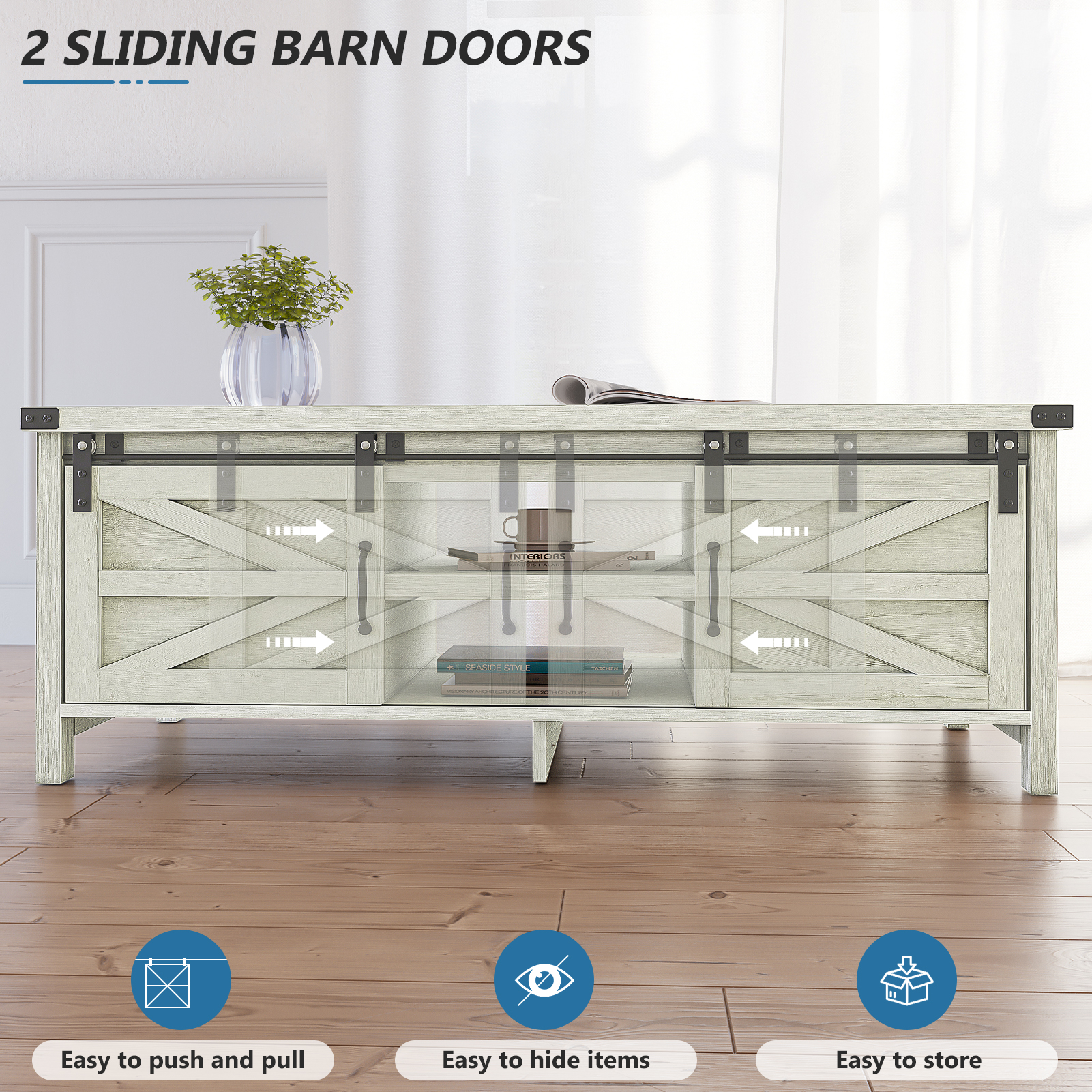 48" Modern Farmhouse Coffee Table with Adjustable Storage Cabinets Shelves, Modern Coffee Table for Living Room with Sliding Barn Door