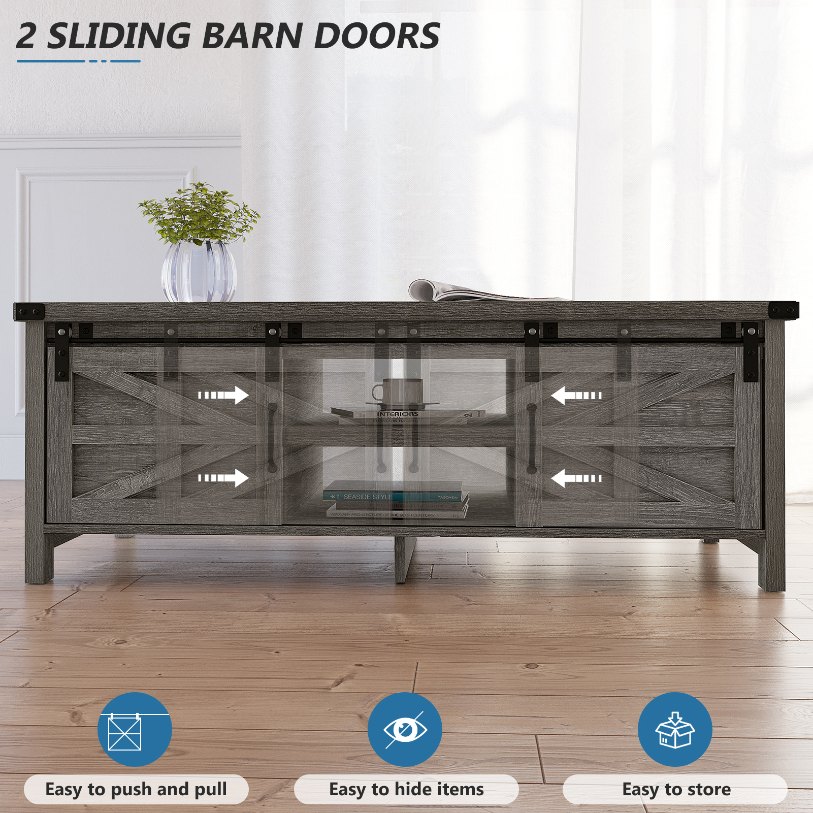 48" Modern Farmhouse Coffee Table with Adjustable Storage Cabinets Shelves, Modern Coffee Table for Living Room with Sliding Barn Door