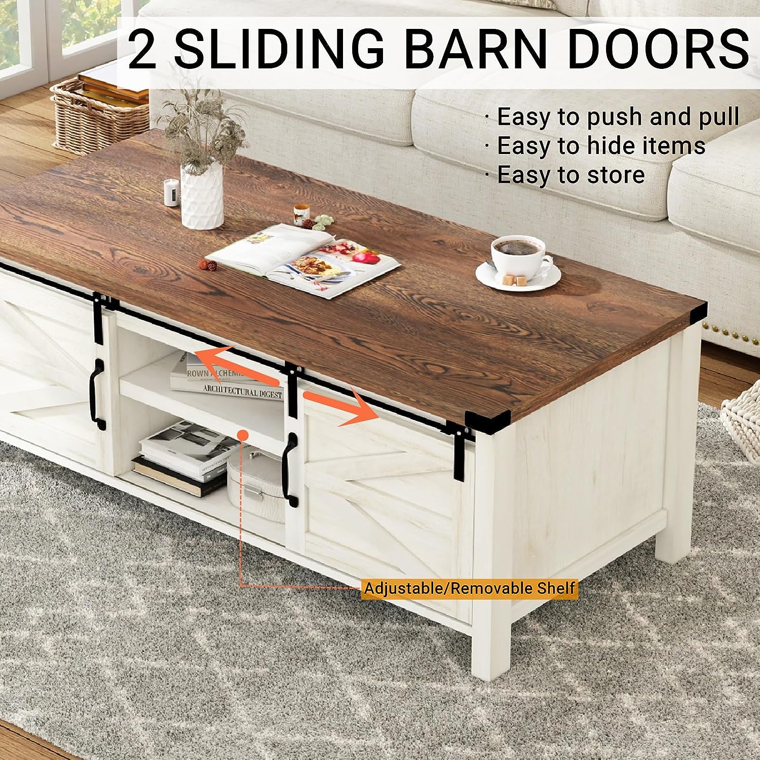 48" Modern Farmhouse Coffee Table with Adjustable Storage Cabinets Shelves, Modern Coffee Table for Living Room with Sliding Barn Door
