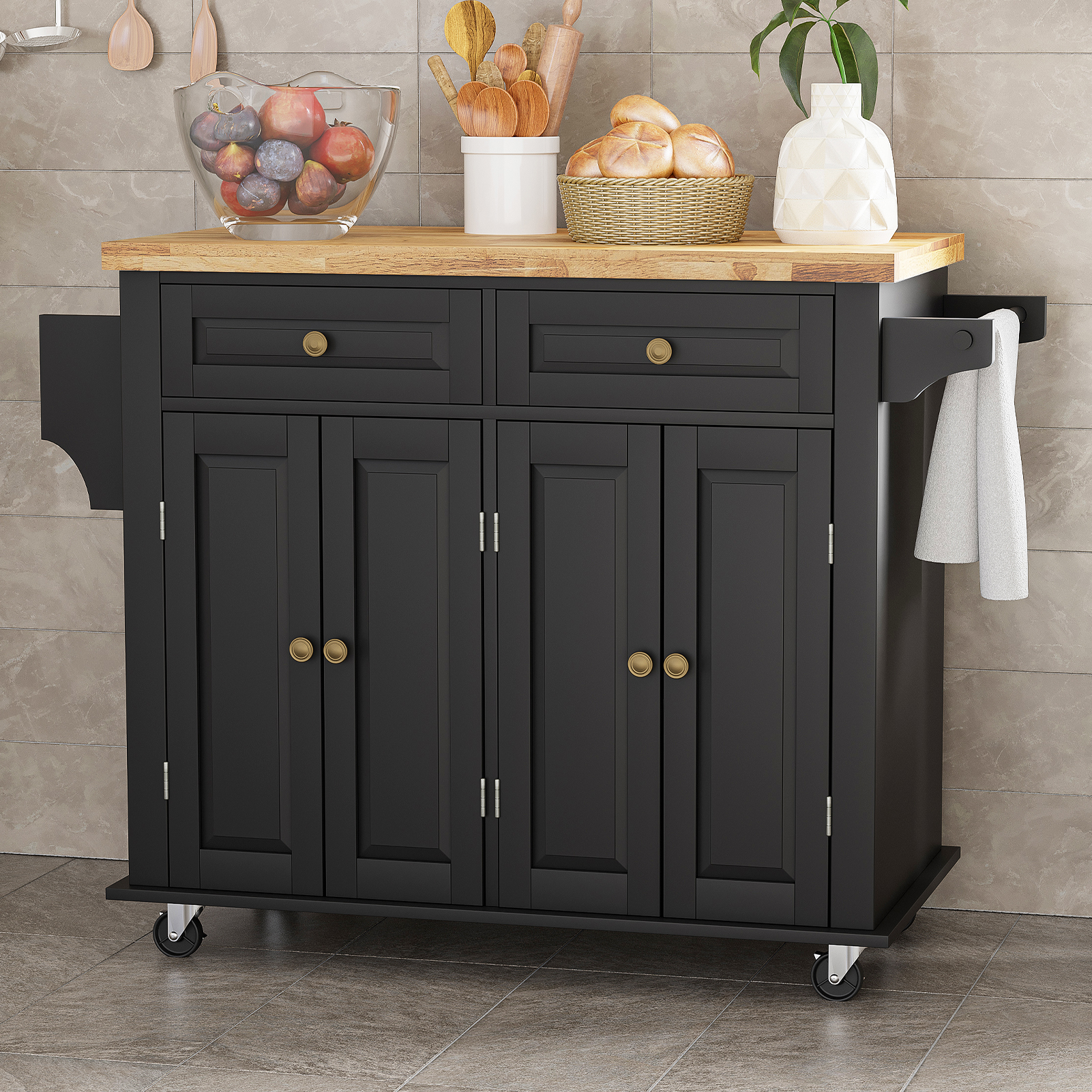 CAIDI Rolling Kitchen Island, Kitchen Cart with Rubber wood Countertop, Lockable Casters, Adjustable Shelves, Matte