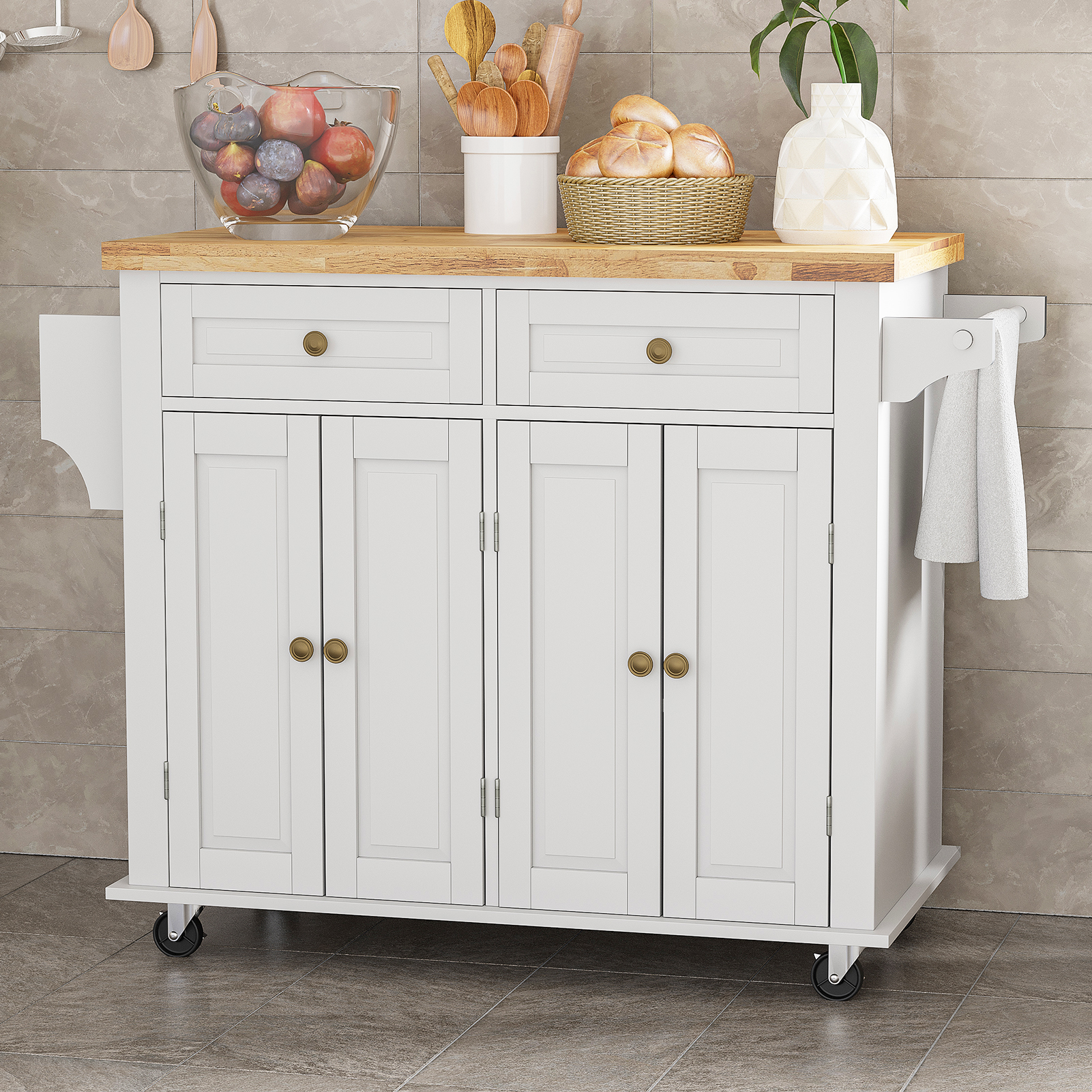 CAIDI Rolling Kitchen Island, Kitchen Cart with Rubber wood Countertop, Lockable Casters, Adjustable Shelves, Matte