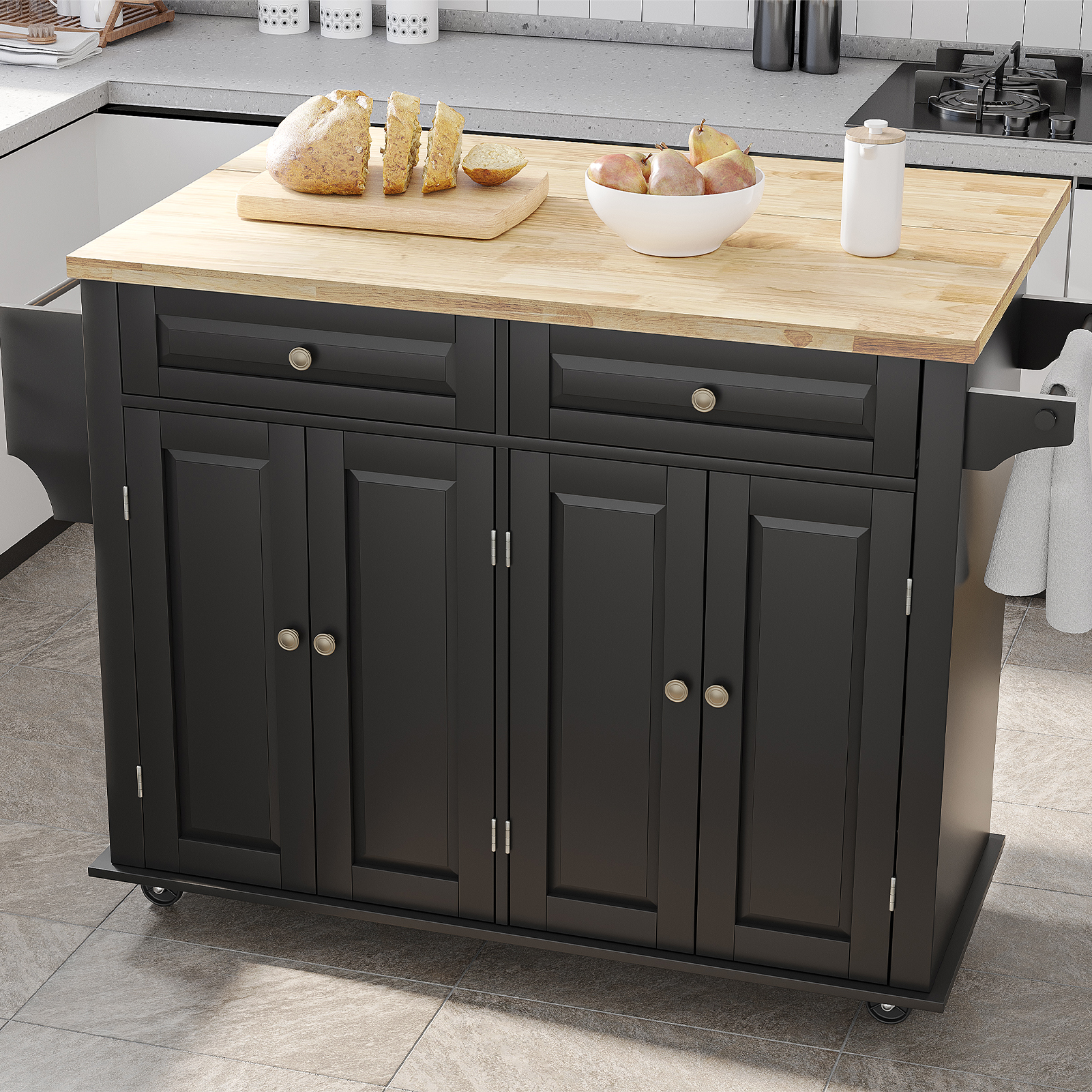 CAIDI Rolling Kitchen Island with Drop Leaf, Kitchen Cart with Rubber wood Countertop, Lockable Casters, Adjustable Shelves, Matte(Black-51.2"x29.5"x35.8")
