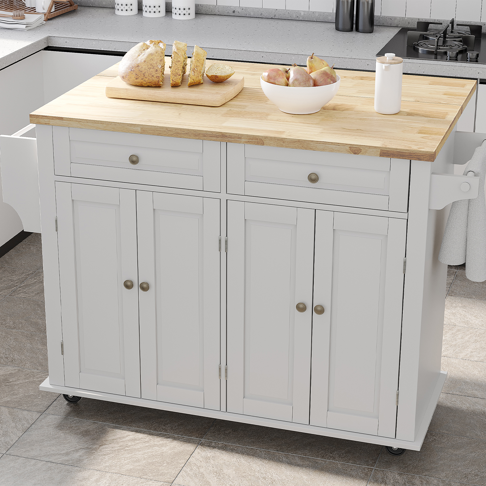 CAIDI Rolling Kitchen Island with Drop Leaf, Kitchen Cart with Rubber wood Countertop, Lockable Casters, Adjustable Shelves, Matte(Black-51.2"x29.5"x35.8")