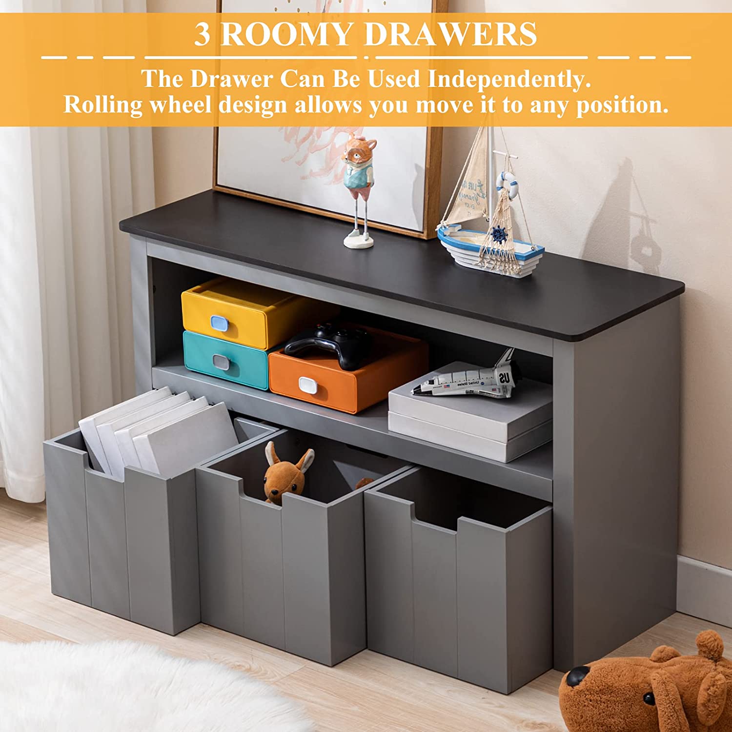 Yaoping Kids Toy Storage Organizer for Kids Room Organizers and Storage, 3 Storage Bins and Open Shelf for Playroom Storage