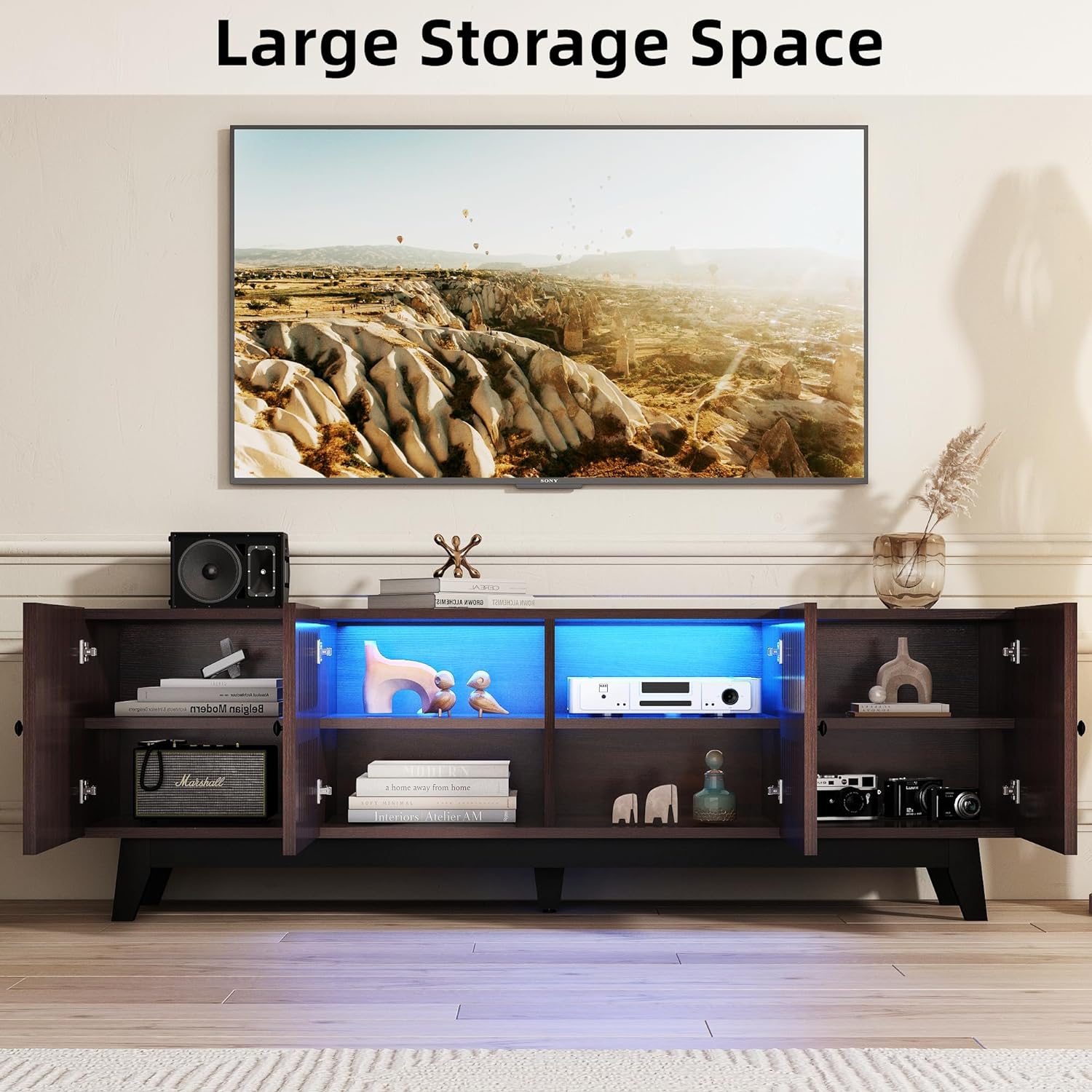 74 inch Mid-Century Modern TV Stand with LED Lights, Farmhouse TV Media Console Cabinet for TVs Up to 85 Inches, 4 Door Wood Shelf Entertainment Center with Storage, for Living Room