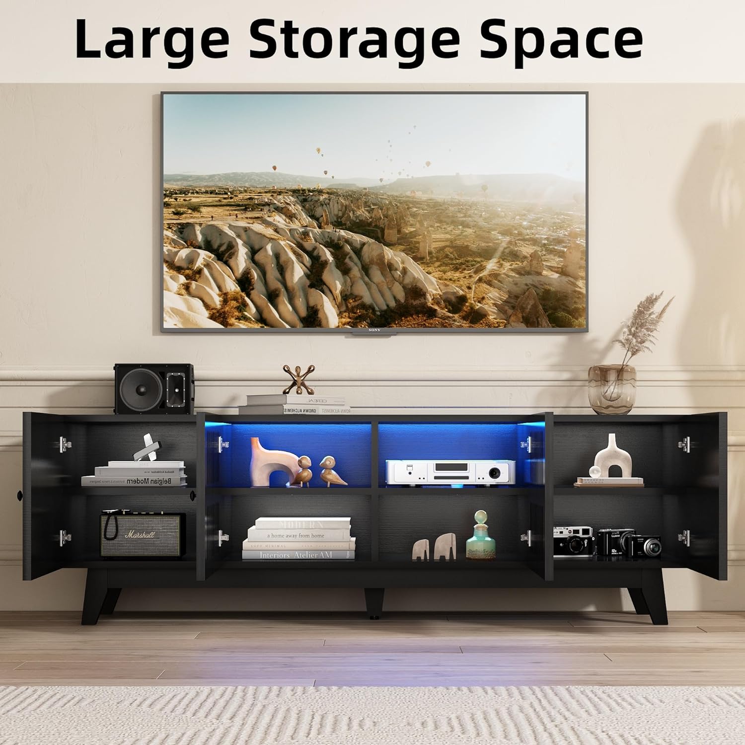 74 inch Mid-Century Modern TV Stand with LED Lights, Farmhouse TV Media Console Cabinet for TVs Up to 85 Inches, 4 Door Wood Shelf Entertainment Center with Storage, for Living Room