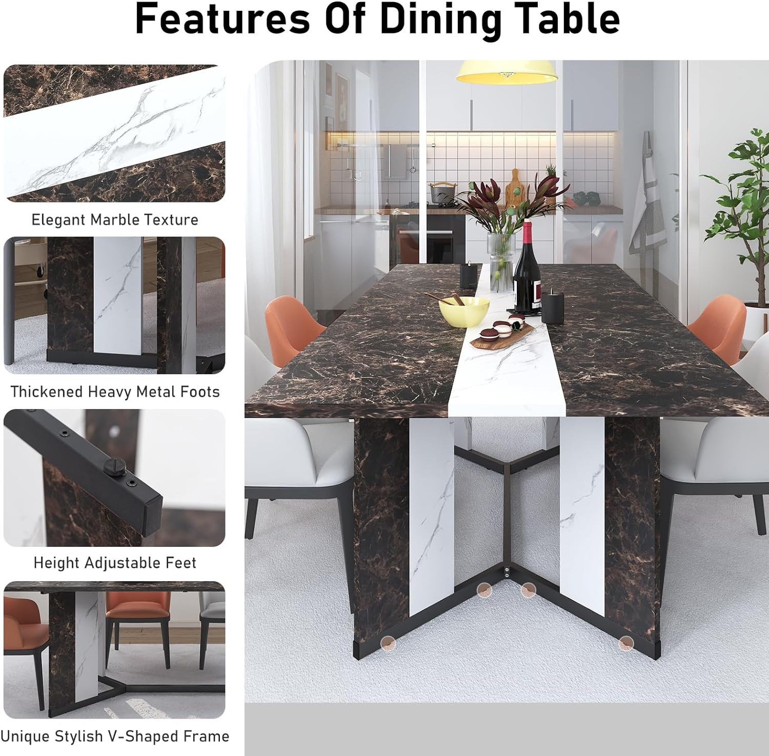 71 inch Large Rectangular Dining Table for 6-8 People, Dining Table with Marble-Color Wood Waterproof Tabletop and Adjustable Leg, 6ft Luxurious Family Dinner Table for Office Kitchen Living Room