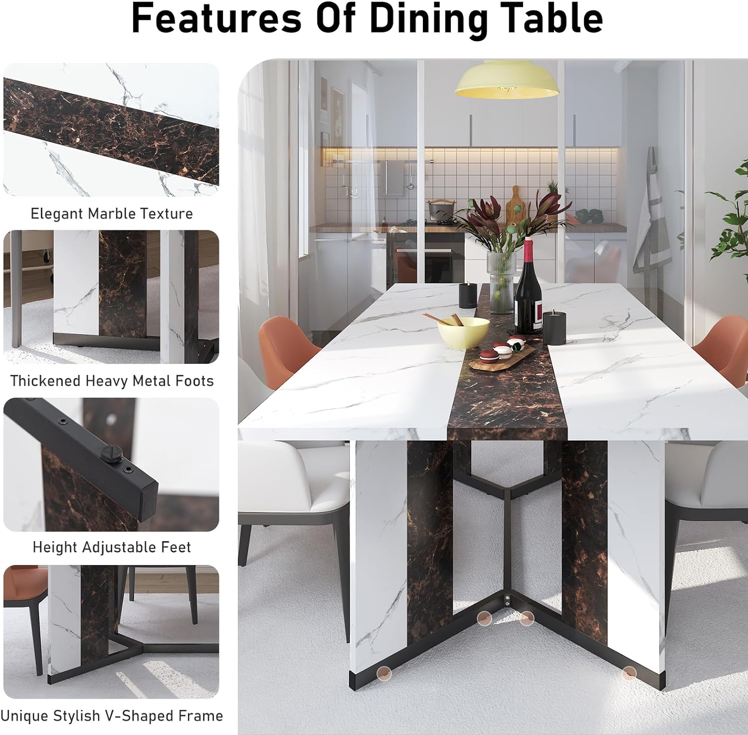 71 inch Large Rectangular Dining Table for 6-8 People, Dining Table with Marble-Color Wood Waterproof Tabletop and Adjustable Leg, 6ft Luxurious Family Dinner Table for Office Kitchen Living Room